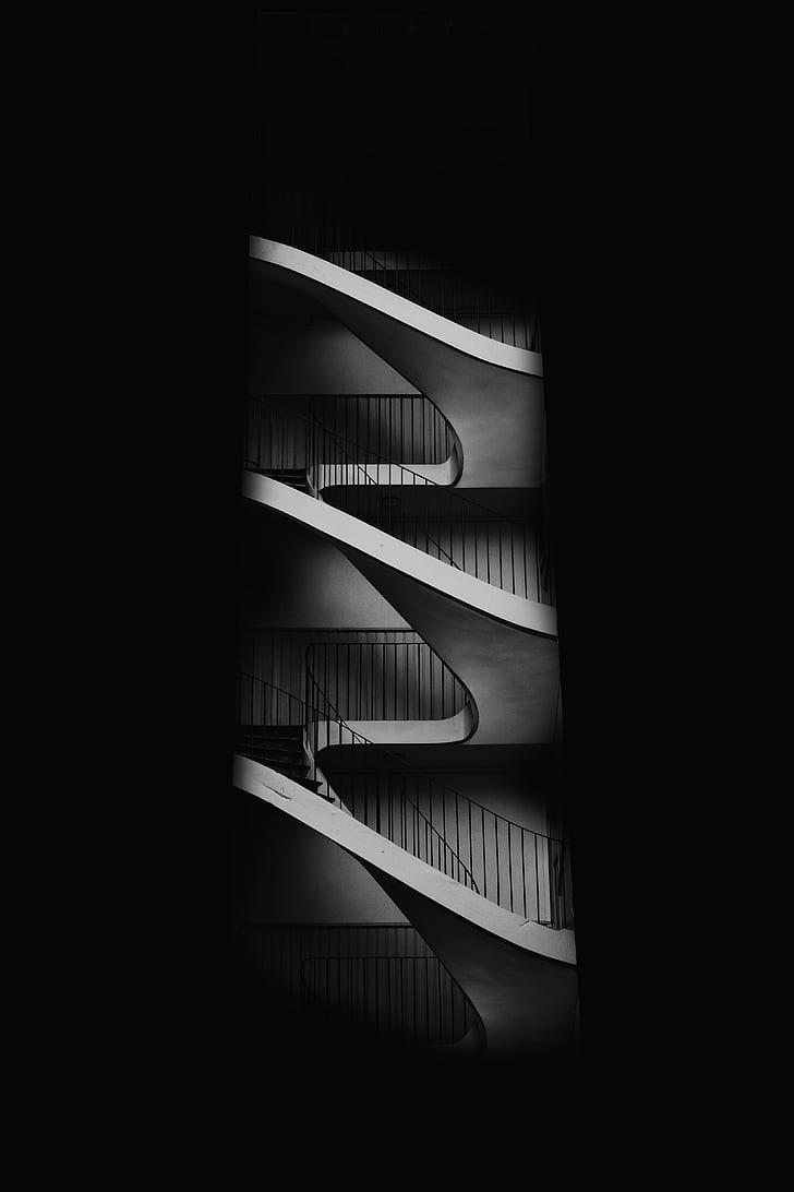 728x1092 wallpaper oscuros, black, white, architecture, black and white, monochrome, darkness, stairs, photography, still life photography, monochrome photography