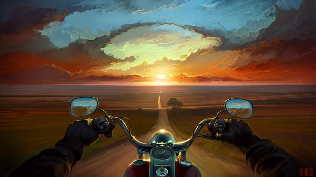1280x720 Land Of The Wind, art, motorcycle, sunset, bike, trees wallpaper. Land Of The Wind, art, motorcycle, sunset, bike
