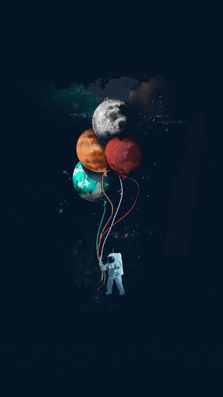 750x1334 Download Astronaut, space, minimal, balloons, art wallpaper, 750x iphone iPhone 8