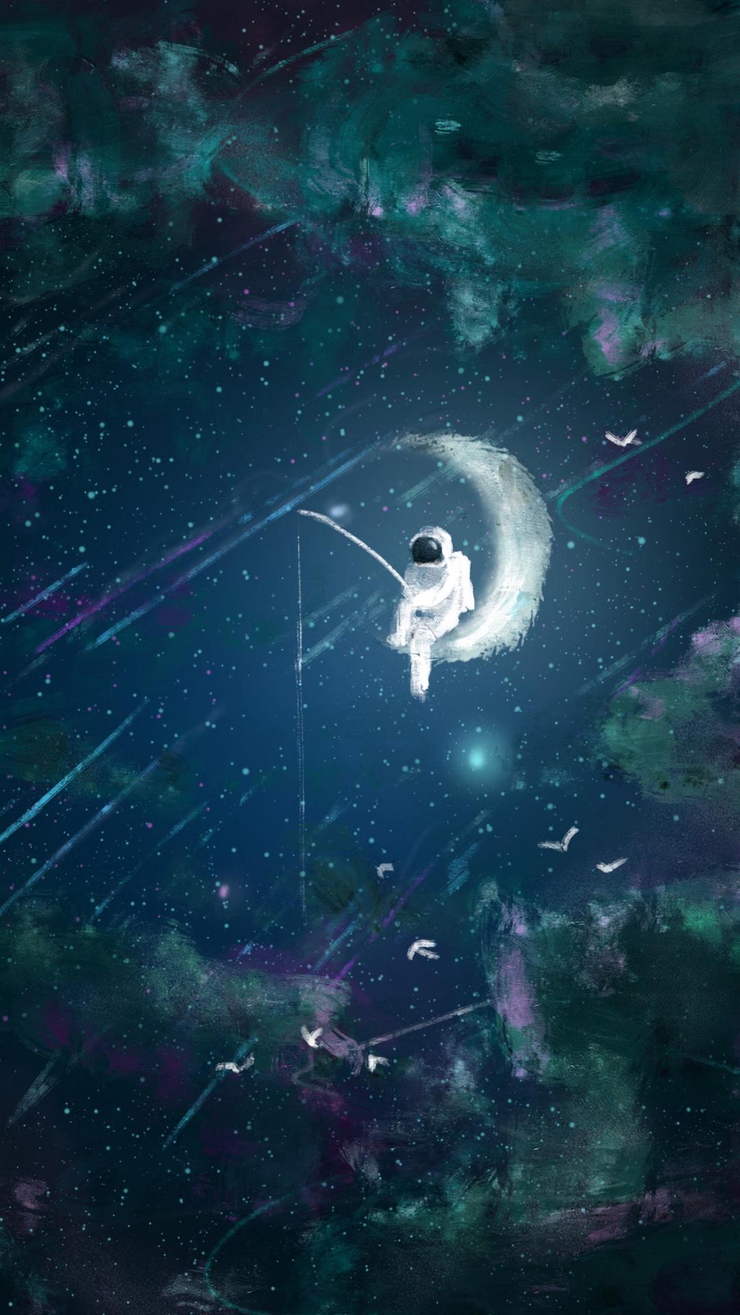 1080x1920 Download Art, astronaut, moon, fishing wallpaper, 1080x Samsung Galaxy S S Note, Sony Xperia Z, Z Z Z HTC One, Lenovo Vibe, Google Pixel OnePlus Honor Xiaomi Redmi Note