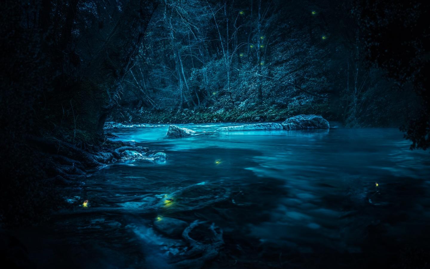 1440x900 Forest Wallpaper 4K, River, Night, Dark, Magical, Crescent Moon, Blue, Nature
