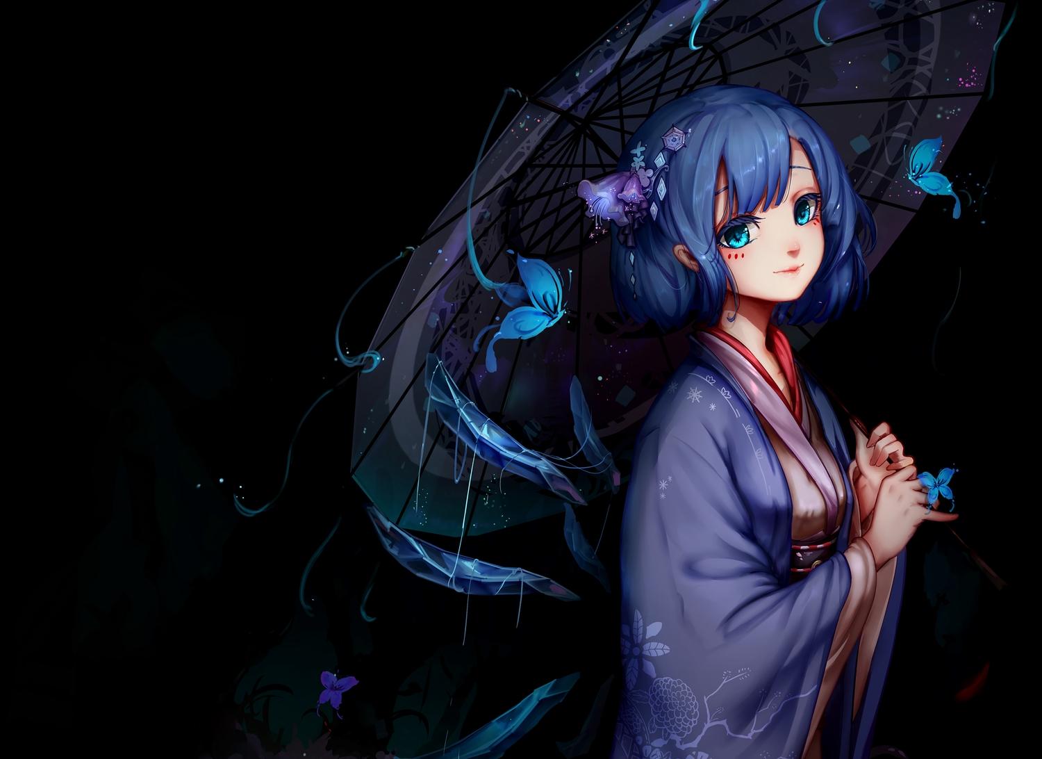 1500x1092 aqua eyes black blue hair butterfly cirno dark fairy japanese clothes kimono kiyomasa ren short hair touhou umbrella wings. konachan.com.com Anime Wallpaper