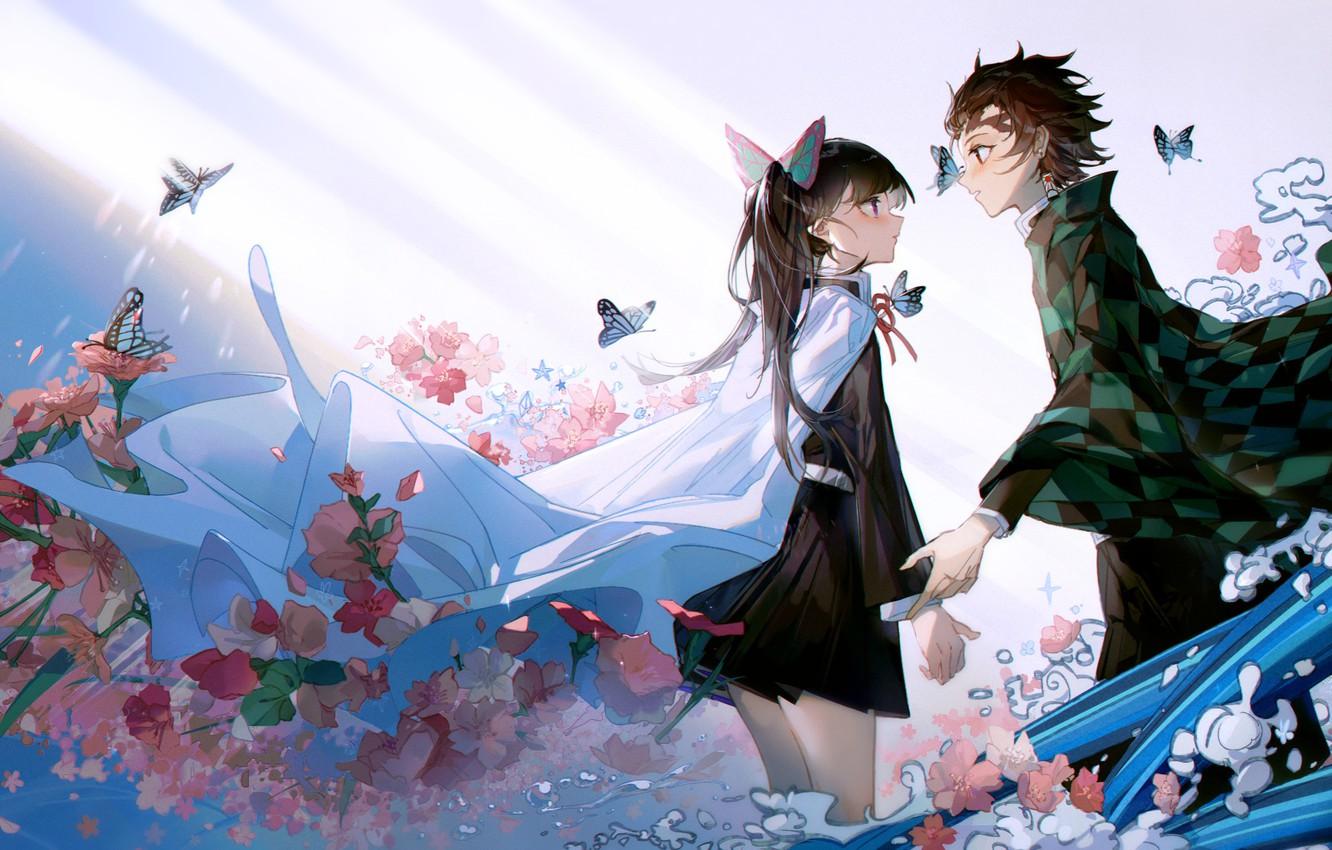 1332x850 Wallpaper girl, flowers, romance, pair, guy, two, The Blade Cleaves Demons, Kanao Tsuyuri, Tanjirou Kamado image for desktop, section сёнэн