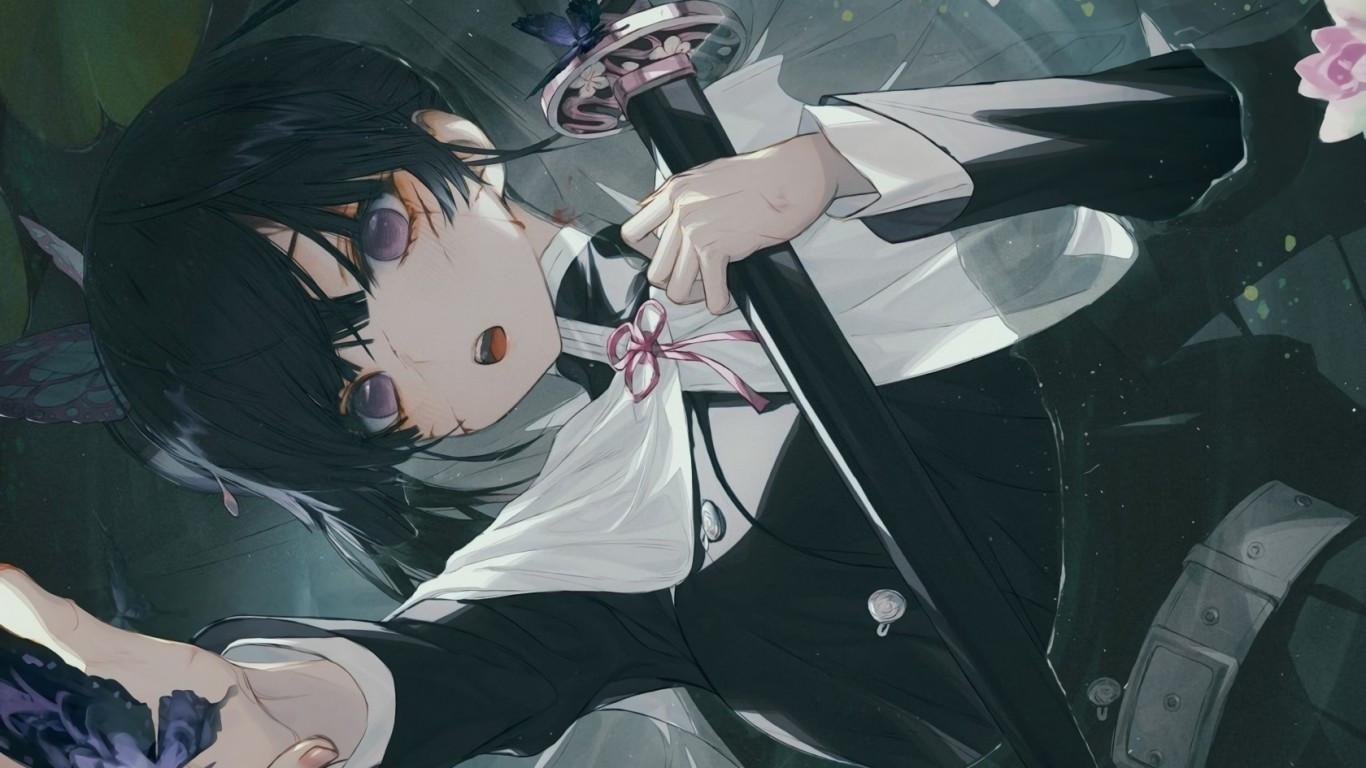 1366x768 Download 1366x768 Tsuyuri Kanao, Kimetsu No Yaiba, Katana, Butterfly, Petals Wallpaper for Laptop, Notebook