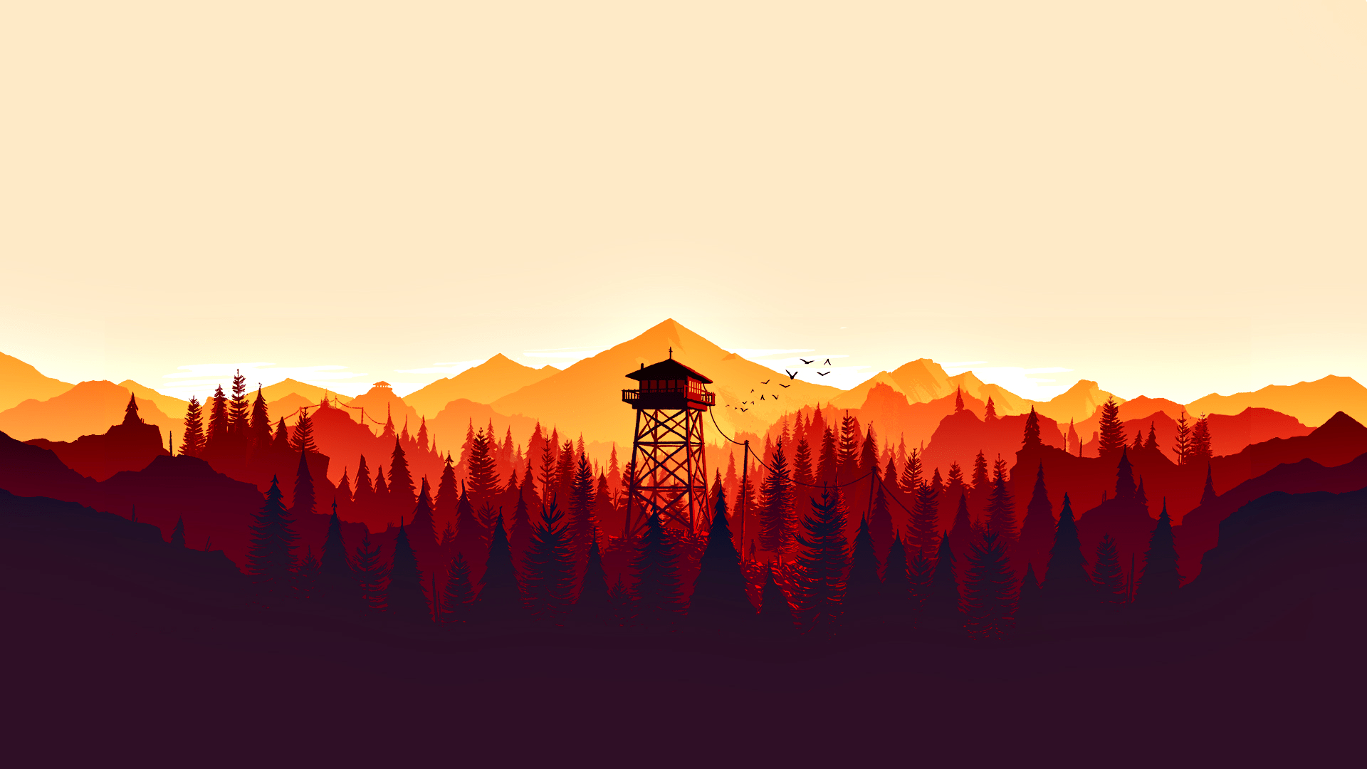1920x1080 #Firewatch, #video games, #forest, #fire lookout tower, #minimalism, #digital art, #colorful, #landscape, #Olly Moss, #artwork, #illustration, #tower, #nature, #mountains, #low poly wallpaper. Mocah HD Wallpaper