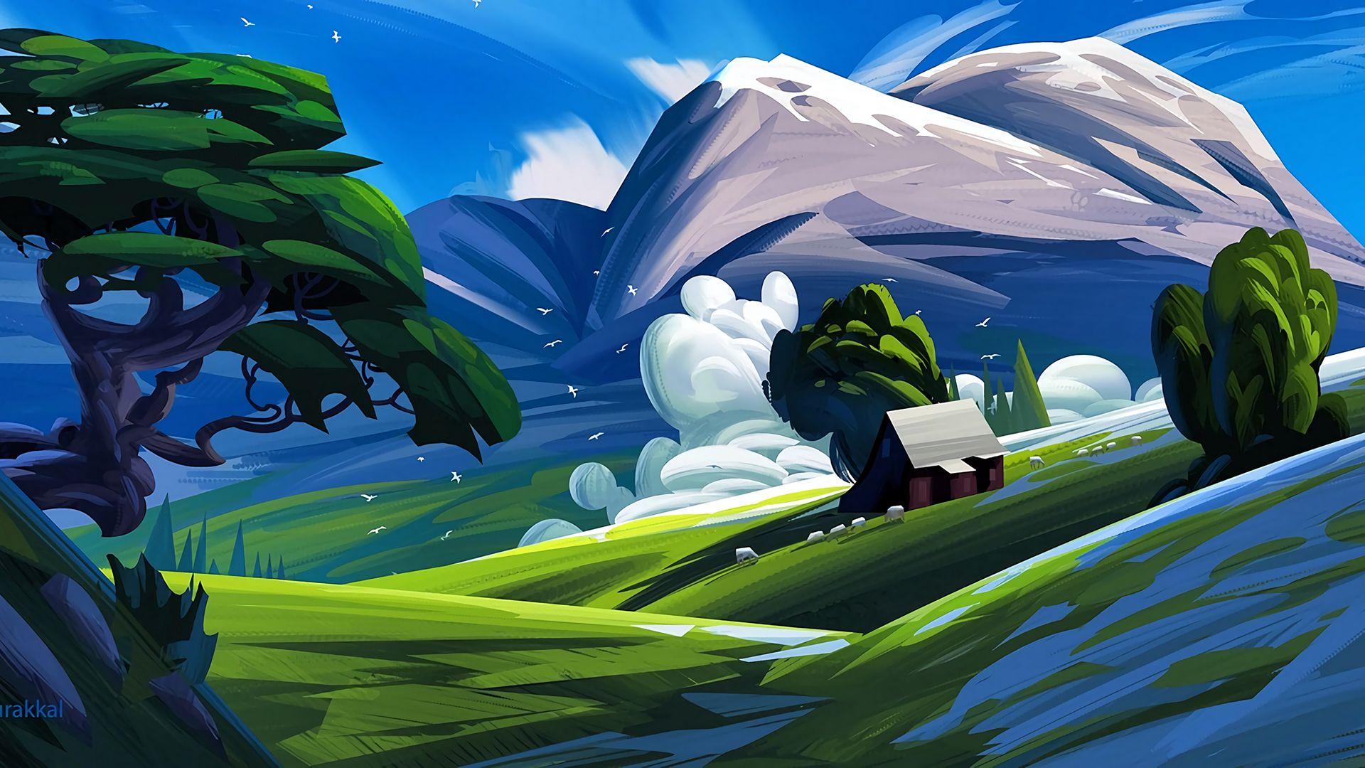 1920x1080 House, Mountains, Art HD Wallpaper Free Download