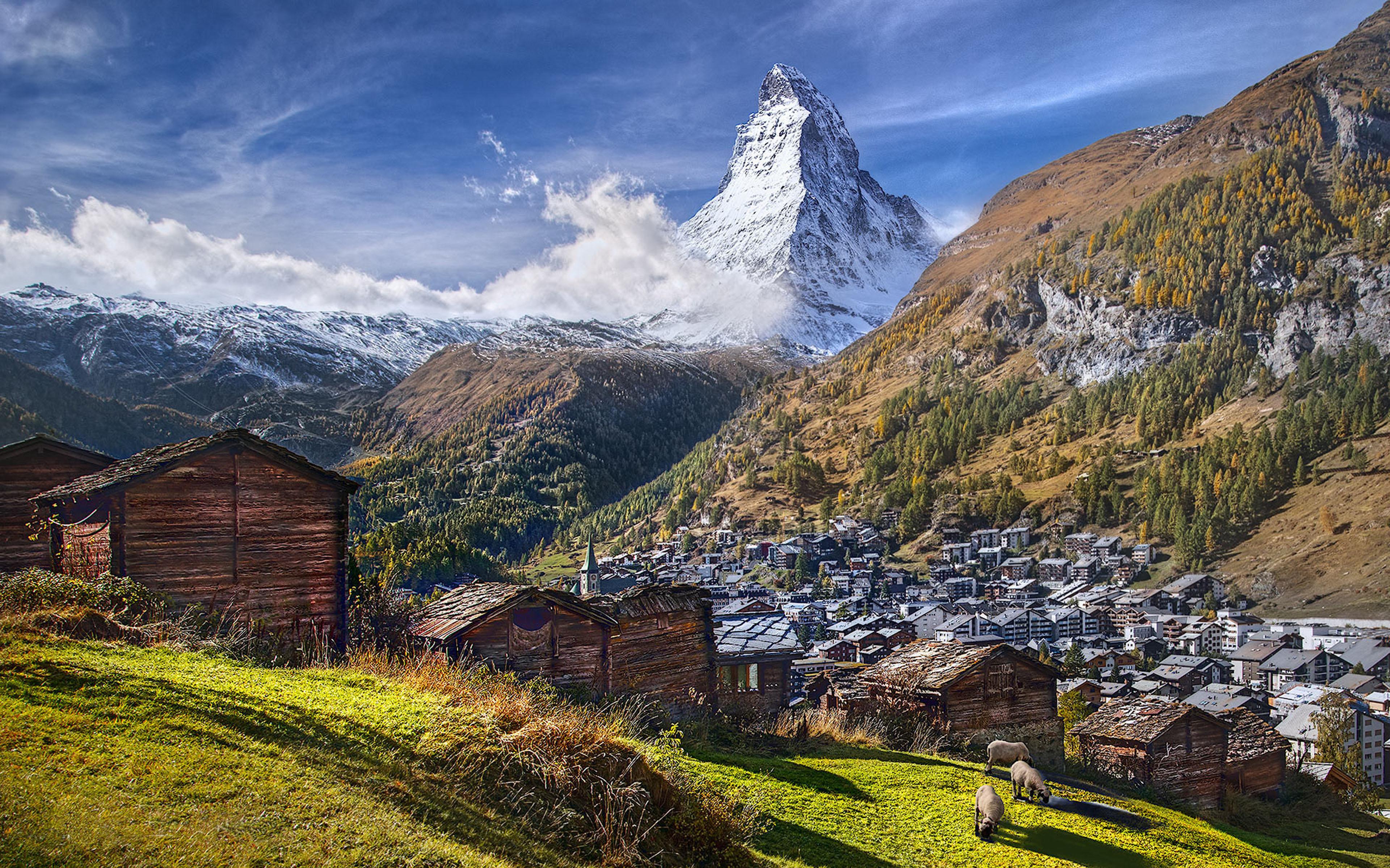 3840x2400 Pretty Village Alps Wallpaper