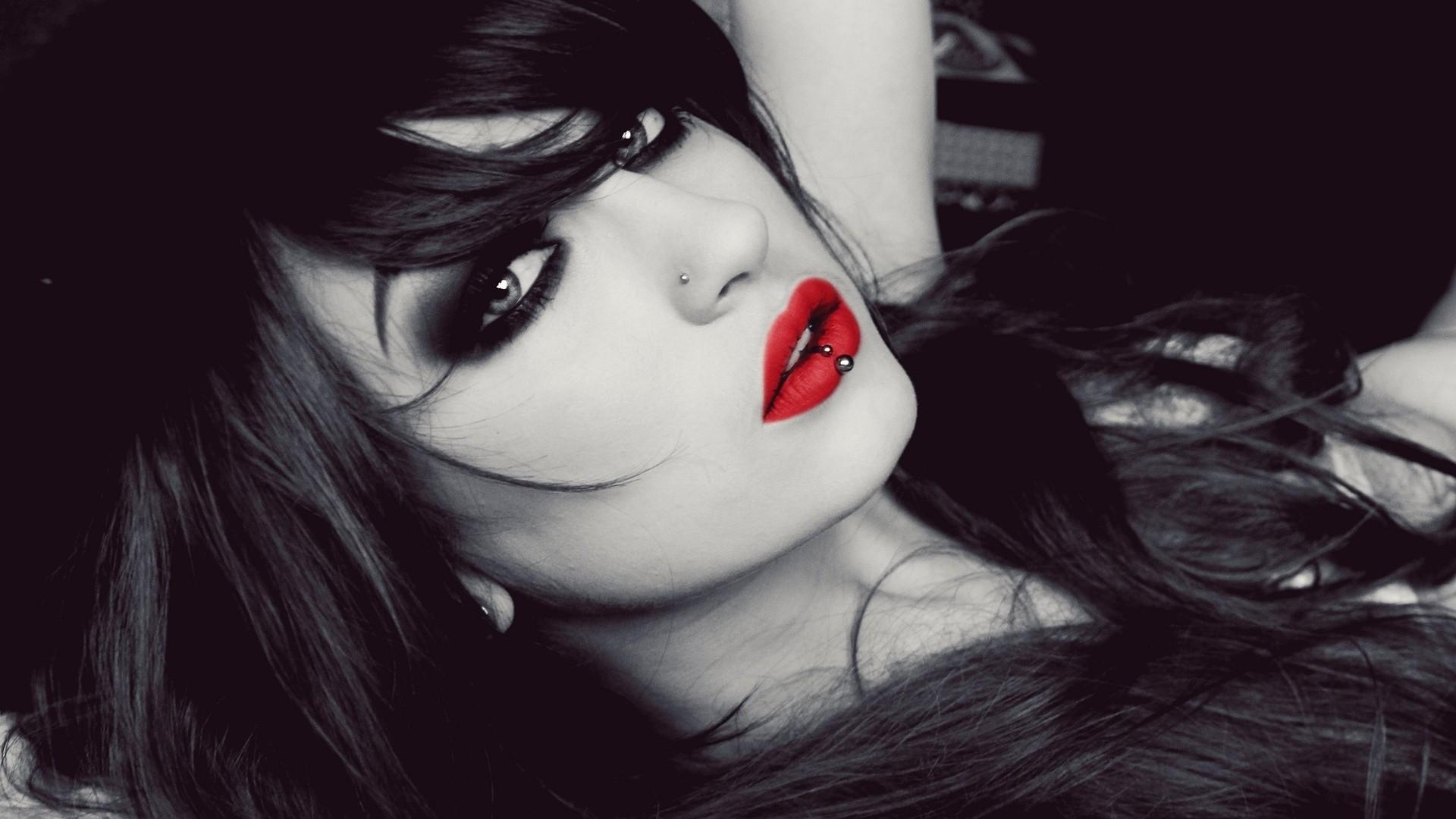 1920x1080 Women Face Lips Lipstick Niky Von Macabre Selective Coloring Red Lipstick Pierced Lips Model Lolina Wallpaper:1920x1080
