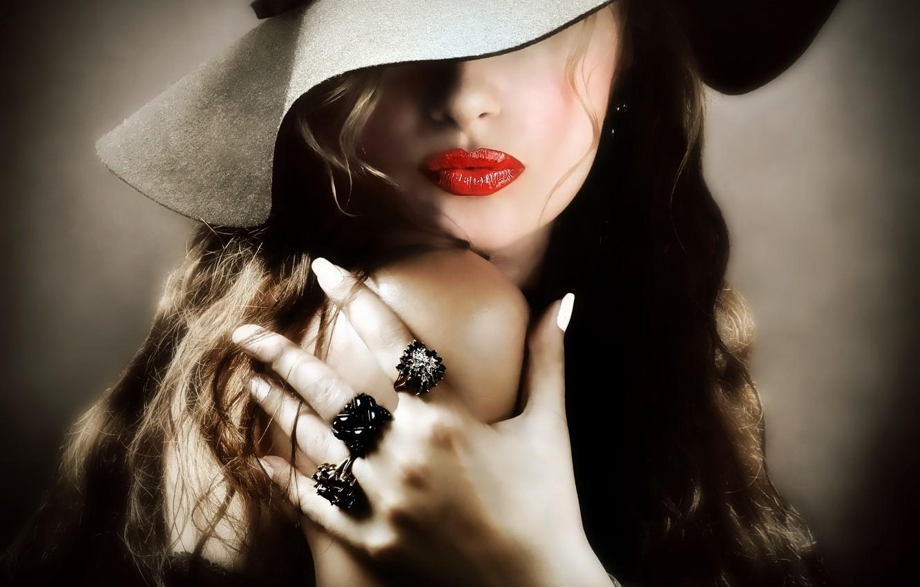 1332x850 Wallpaper girl, hand, ring, hat, lipstick, red lips image for desktop, section девушки