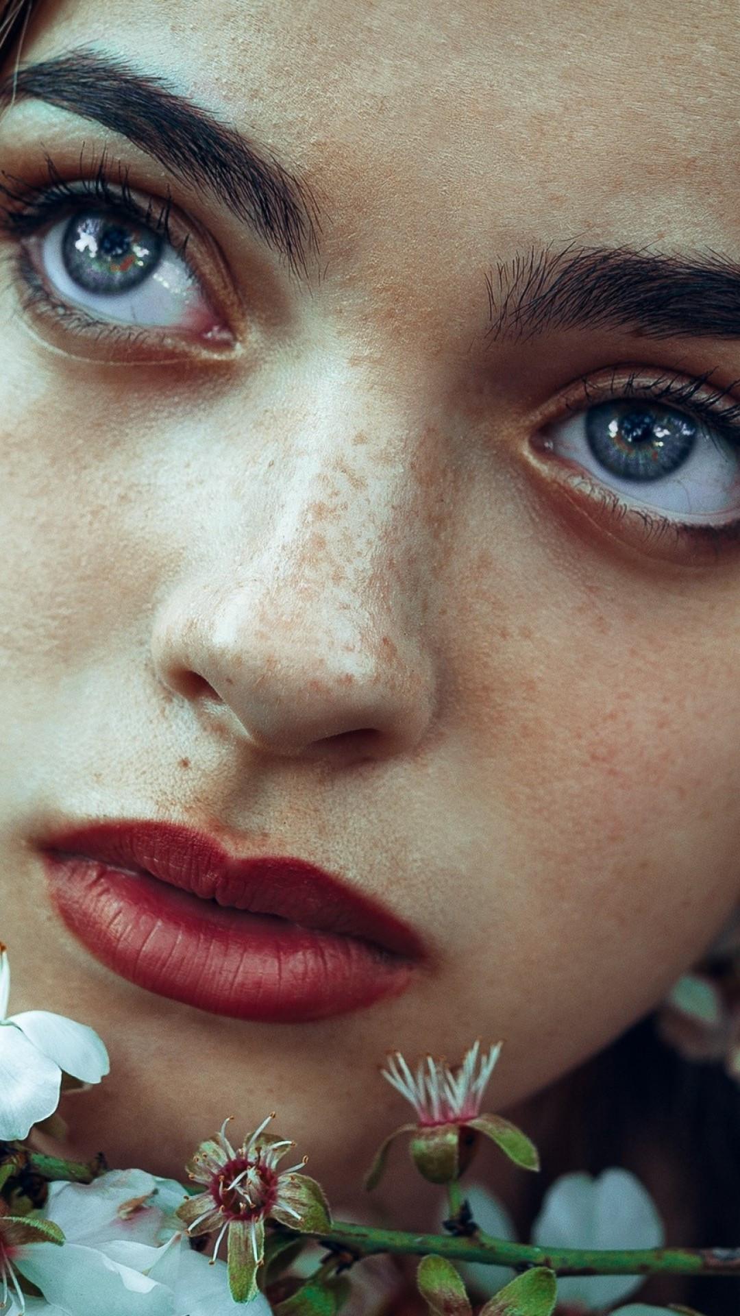 1080x1920 Download 1080x1920 Brunette, Blue Eyes, Red Lipstick, Freckles, Flowers, Model, Women Wallpaper for iPhone iPhone 7 Plus, iPhone 6+, Sony Xperia Z, HTC One