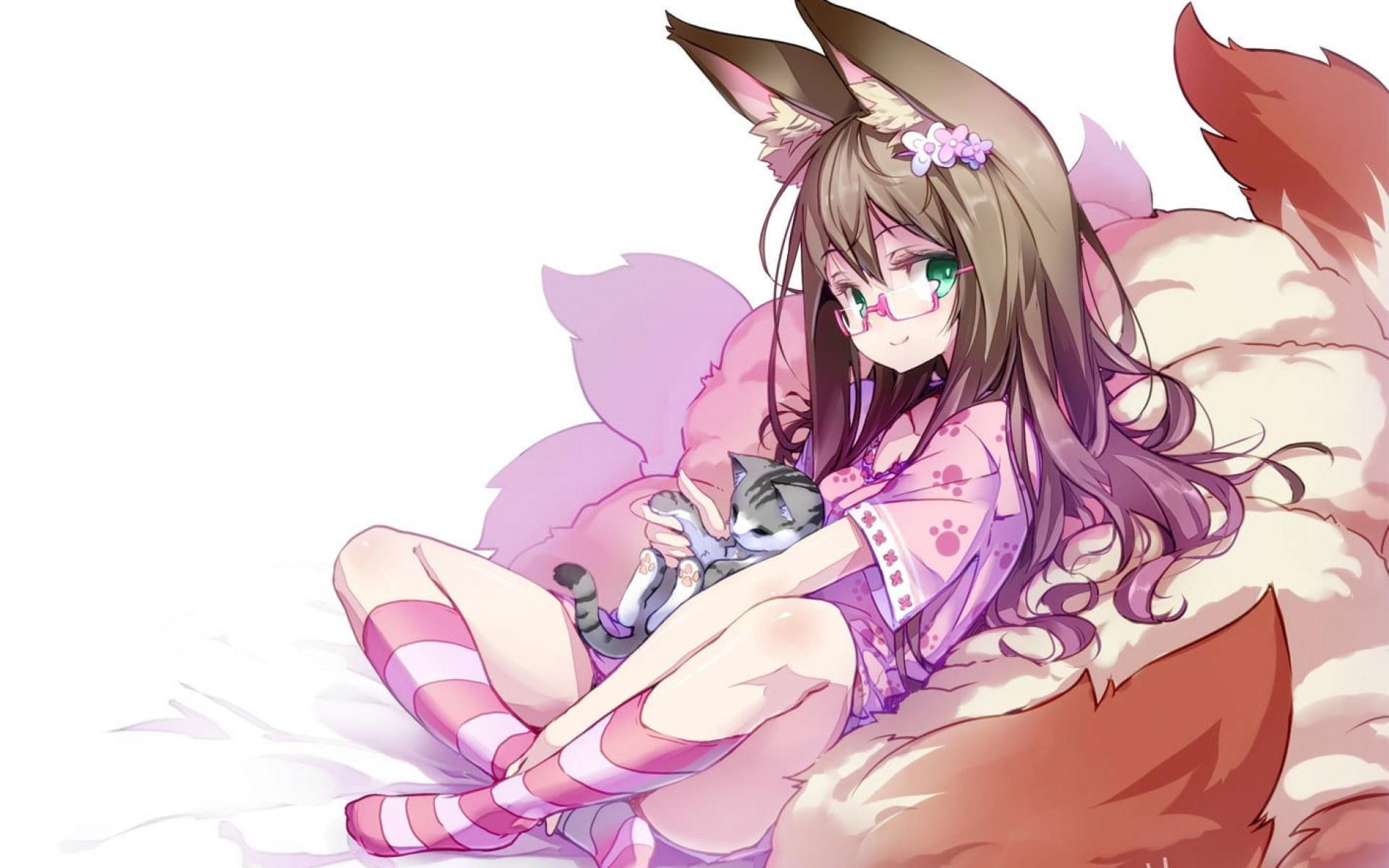 1920x1200 Female anime character holding cat wallpaper, anime girls, fox girl, animal ears • Wallpaper For You HD Wallpaper For Desktop & Mobile