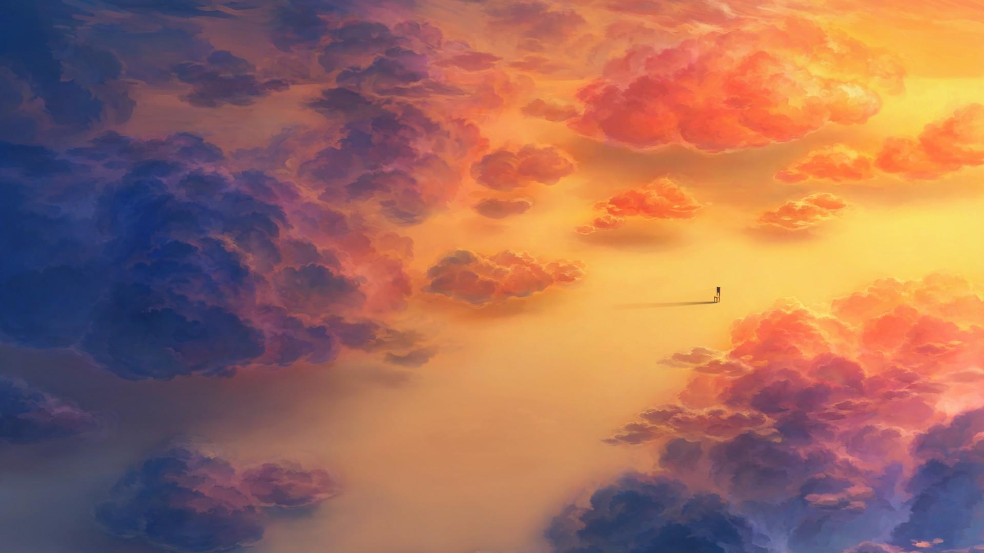1920x1080 Download 1920x1080 Anime Landscape, Clouds, Lonely Chair, Scenic Wallpaper for Widescreen