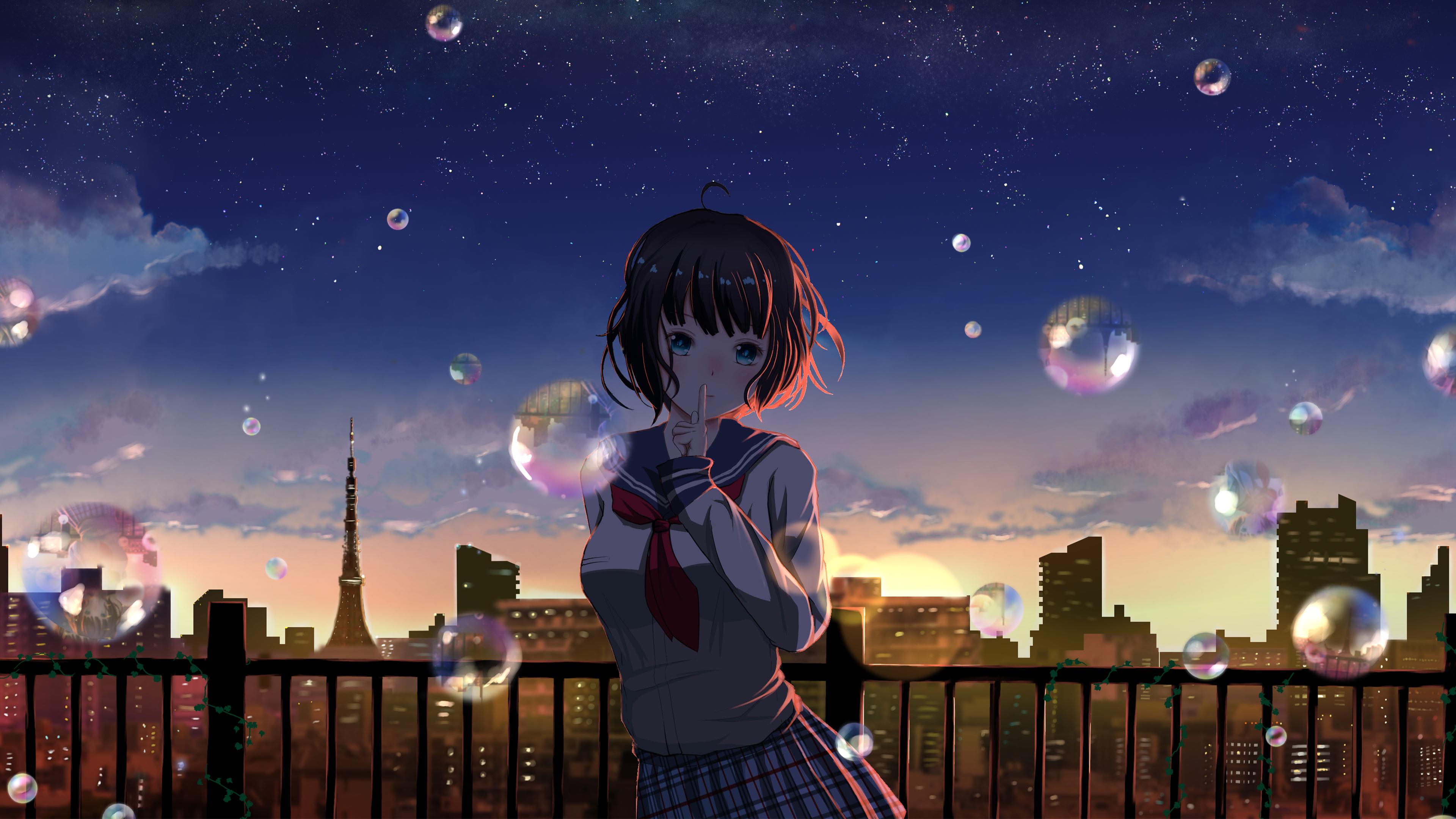 3840x2160 3840x2160 School Uniform, Bubble, Aqua Eyes, Black Hair, Short Hair, Anime, Girl wallpaper JPG