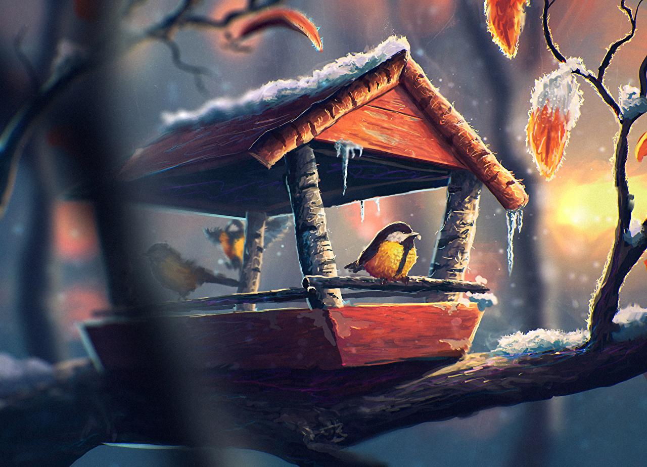 1280x924 Picture Birds Winter Fantasy Snow Branches
