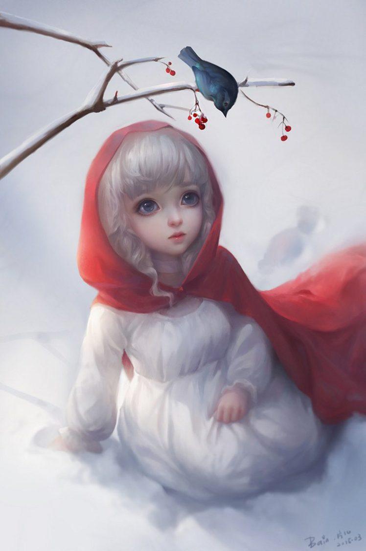 748x1128 fantasy, Girl, Cute, Winter, Snow, Animal, Bird, White, Hair, Blue, Eyes Wallpaper HD / Desktop and Mobile Background