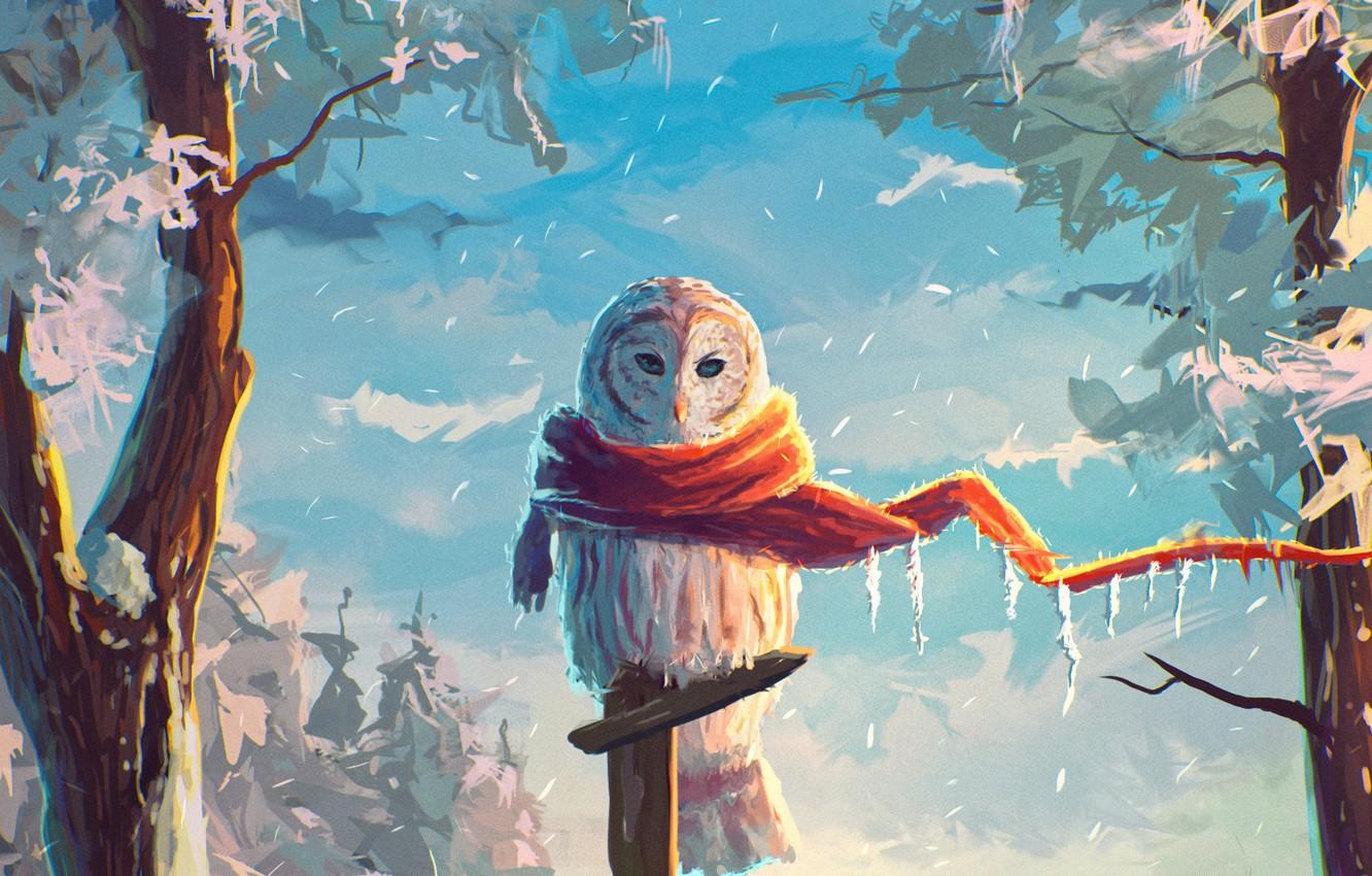 1332x850 Wallpaper winter, snow, owl, bird, art image for desktop, section живопись