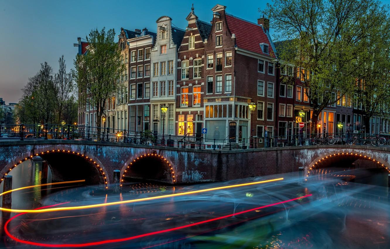 1332x850 Wallpaper summer, light, trees, line, landscape, night, bridge, life, strip, river, movement, people, street, view, Windows, building image for desktop, section город