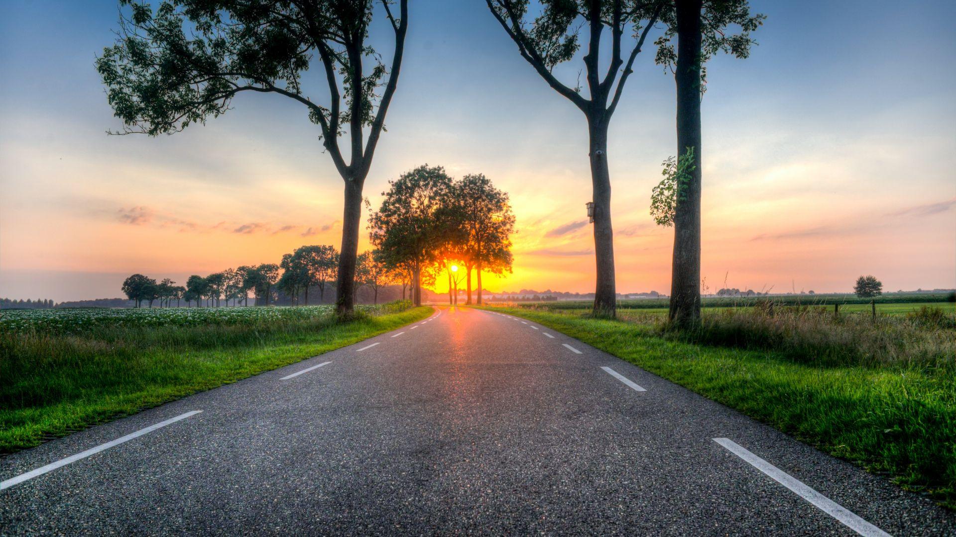 1920x1080 Desktop wallpaper road, highway, trees, landscape, sunset, HD image, picture, background, c7e638