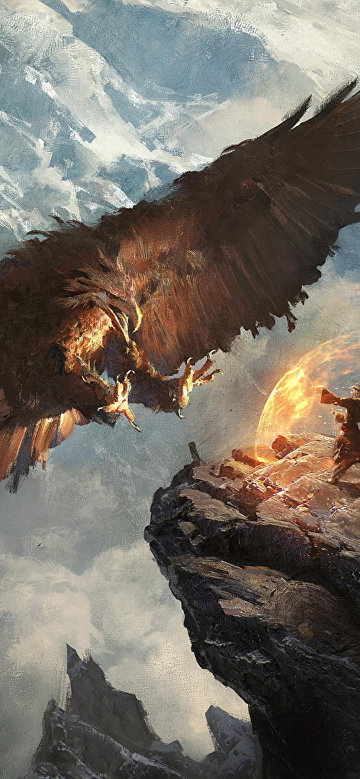 1242x2688 Giant Eagle Vs Knight Mage Mountains Fantasy Landscape iPhone XS MAX HD 4k Wallpaper, Image, Background, Photo and Picture