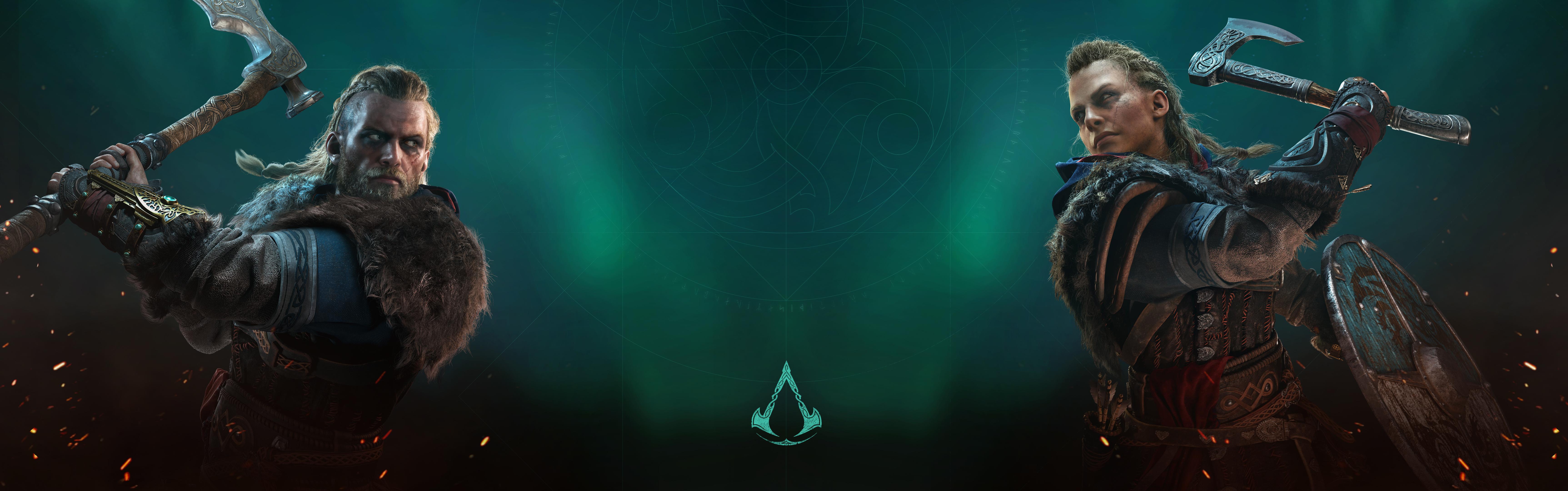 6900x2160 Stitched the two Eivor wallpaper together for my dual monitor setup :): assassinscreed