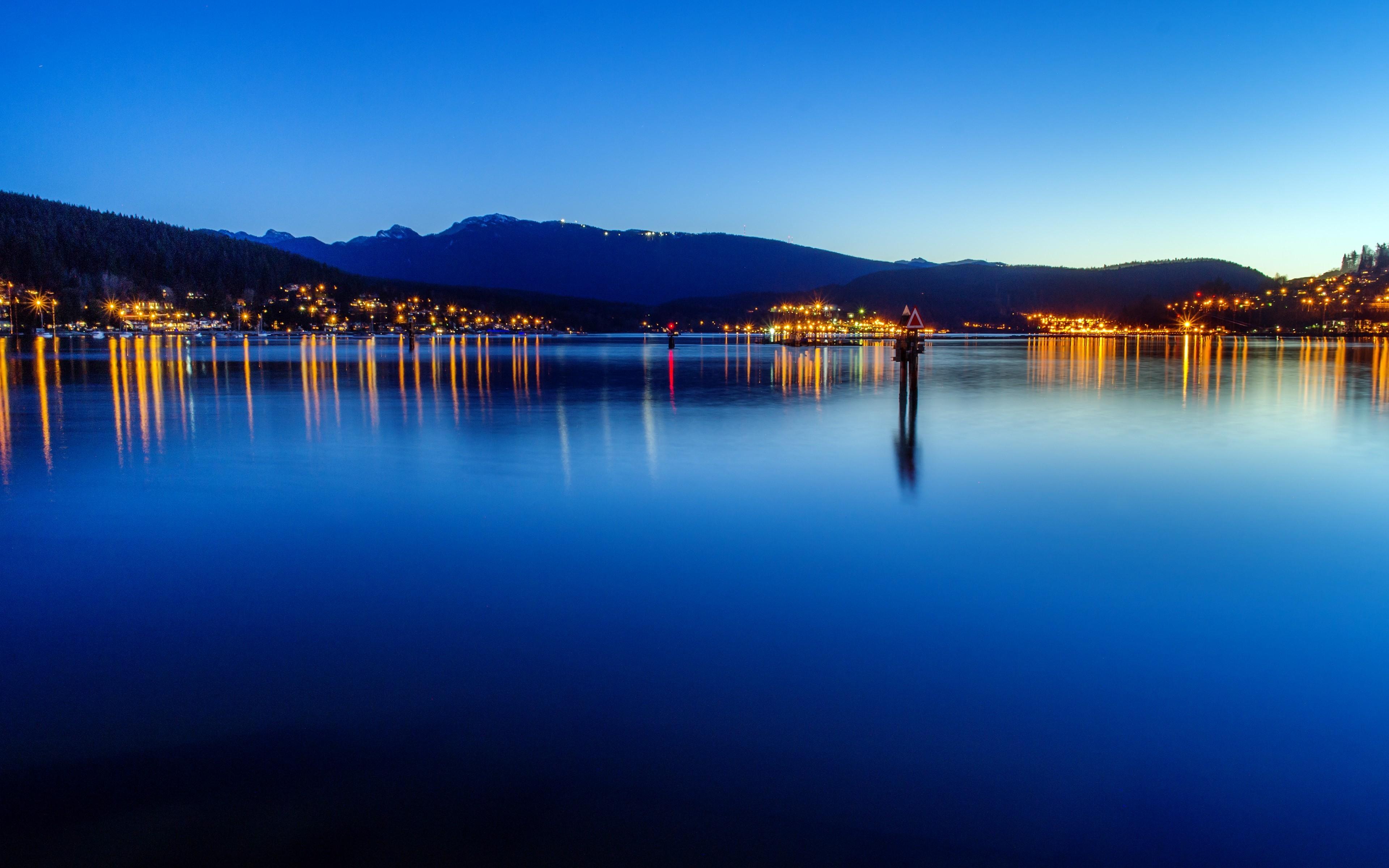 3840x2400 landscape nature evening clear sky calm lake lights town hill reflection wallpaper