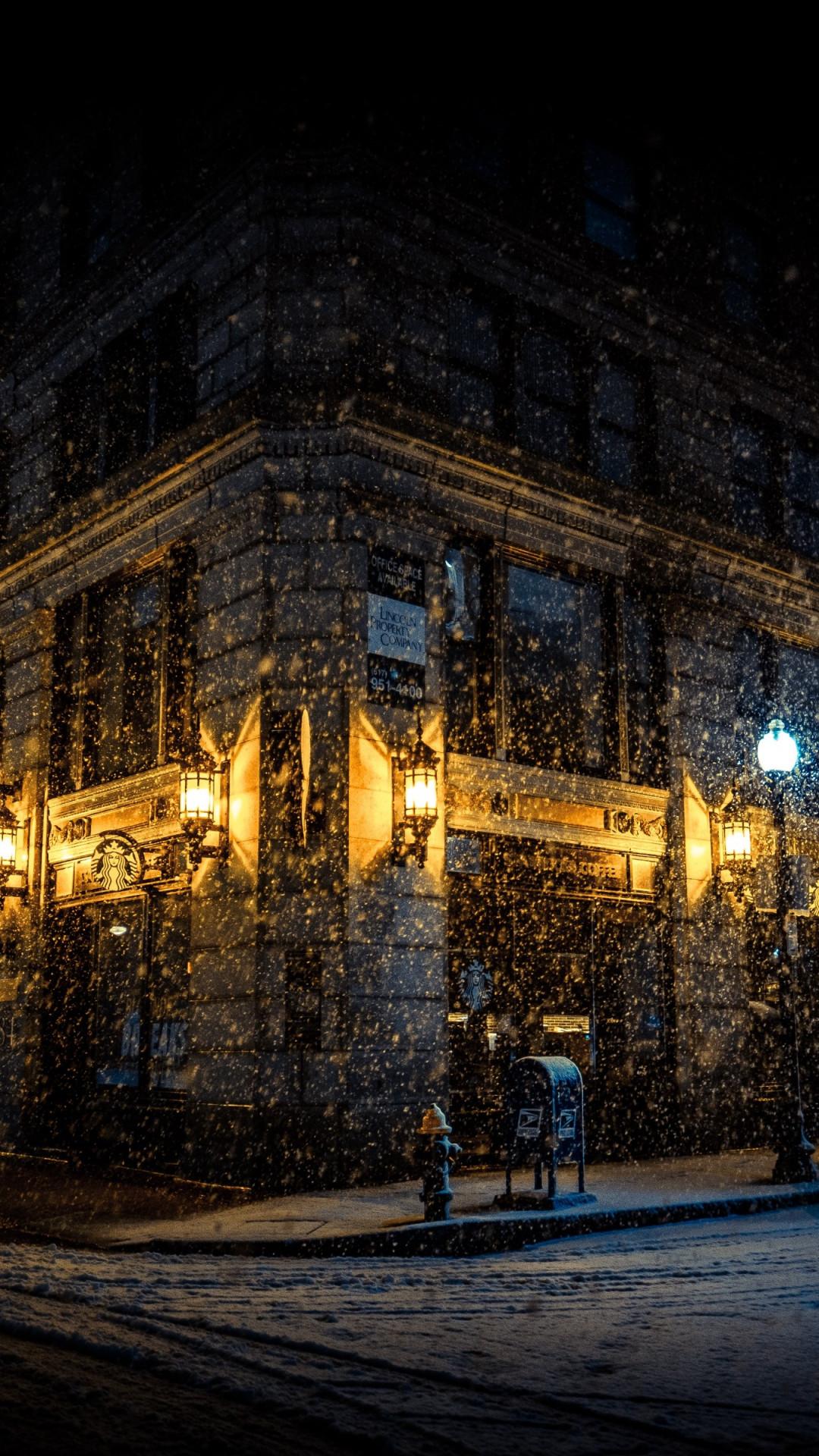 1080x1920 Download wallpaper: Snowing on the city streets 1080x1920