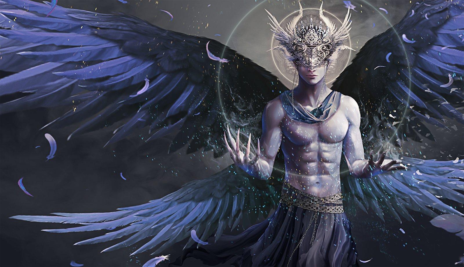 1600x921 1600x921 angel, blue, boy, fantasy, feather, guy, magic, male, original, wings