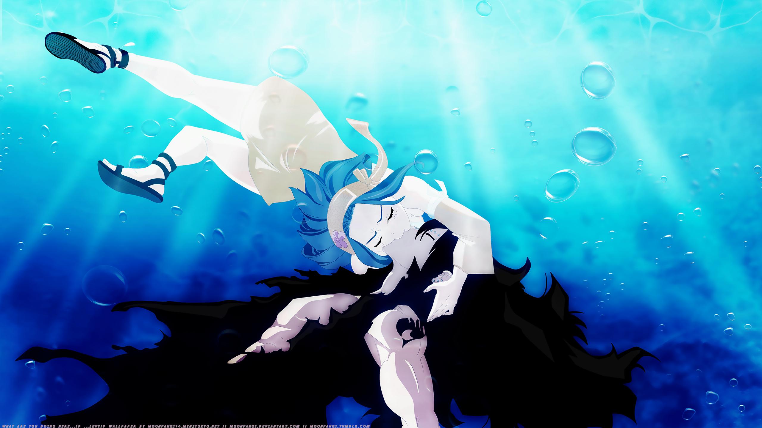2560x1440 Anime Black Hair Blue Hair Boy Fairy Tail Gajeel Redfox Girl Headband Kiss Levy Mcgarden Long Hair S Wallpaper:2560x1440
