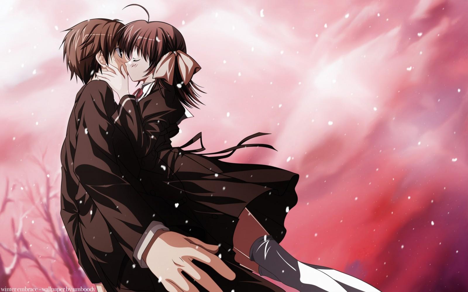 1600x1000 illustration, anime, anime girls, anime boys, snow, winter, school uniform, kissing, ef a fairy tale of the two, Hiro Hirono, Miyamura Miyako, computer wallpaper, mangaka. Mocah HD Wallpaper
