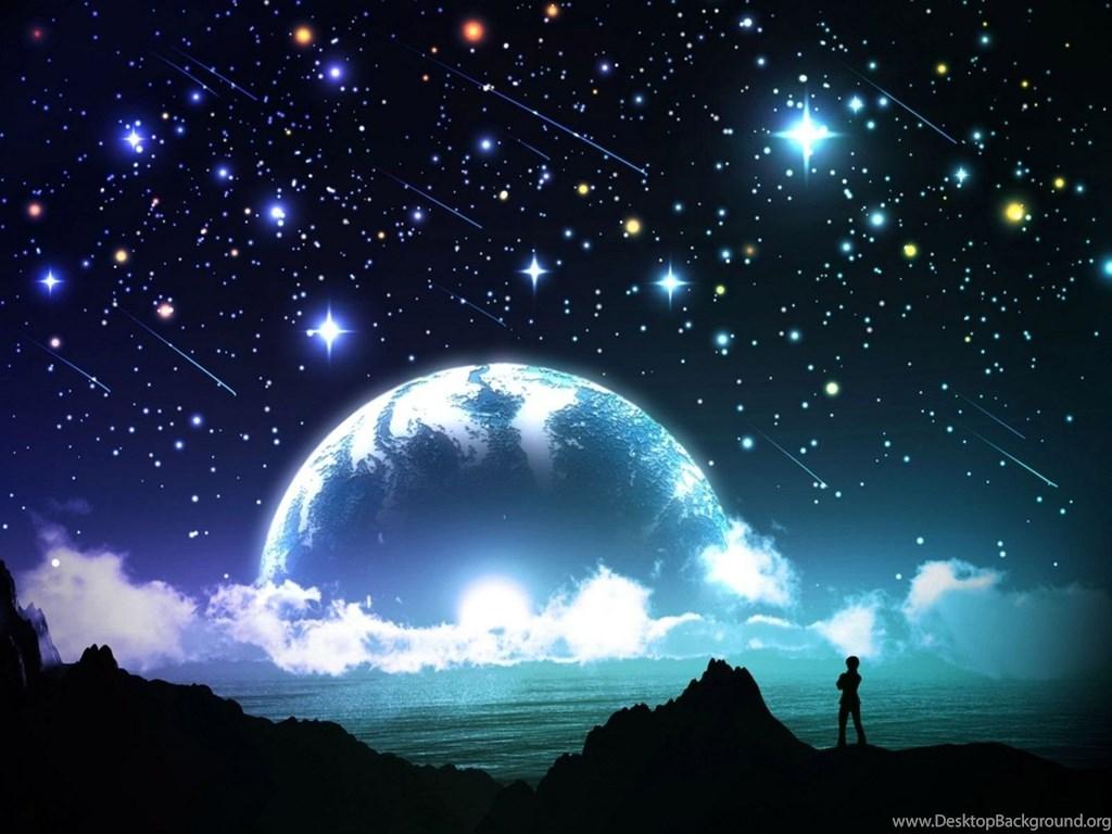 1024x768 Bright Night Sky, Star, Moon, Cloud, Sea, Ocean, Fantasy. Desktop Background
