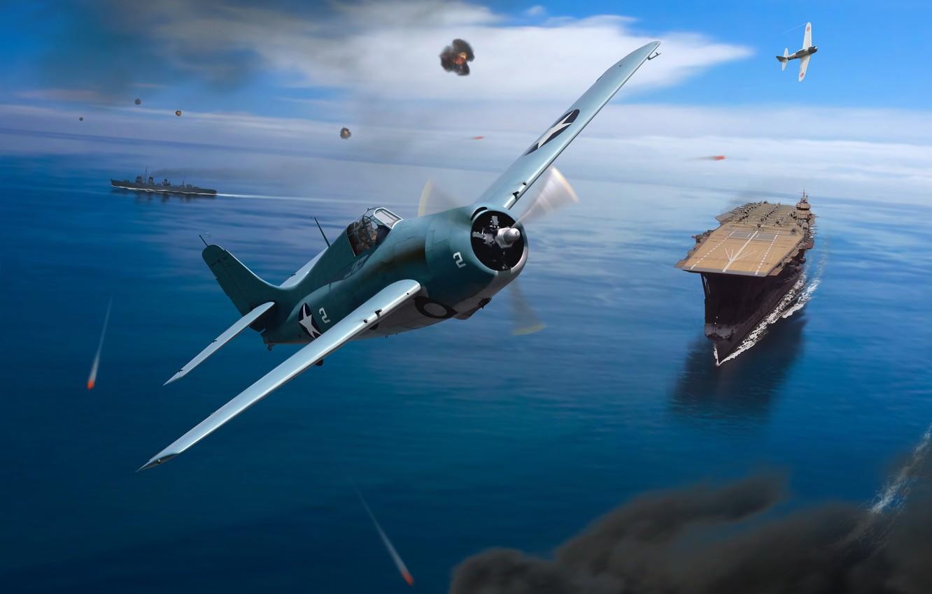 1332x850 Wallpaper sea, the sky, war, figure, ships, fighter, art, the carrier, Mitsubishi, combat, American, aircraft, Japanese, Japanese, destroyer, WW2 image for desktop, section авиация