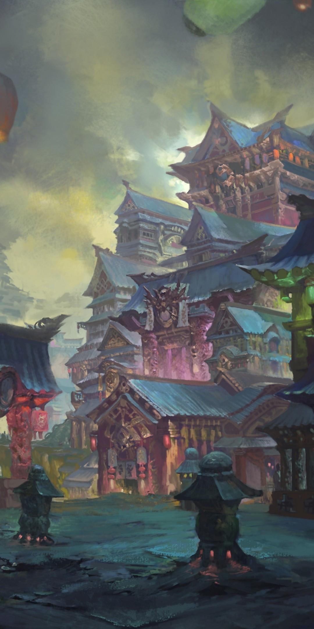1080x2160 Download 1080x2160 Shrine, Asian, Lanterns, Fantasy World, Artwork, Statue Wallpaper for Huawei Mate 10