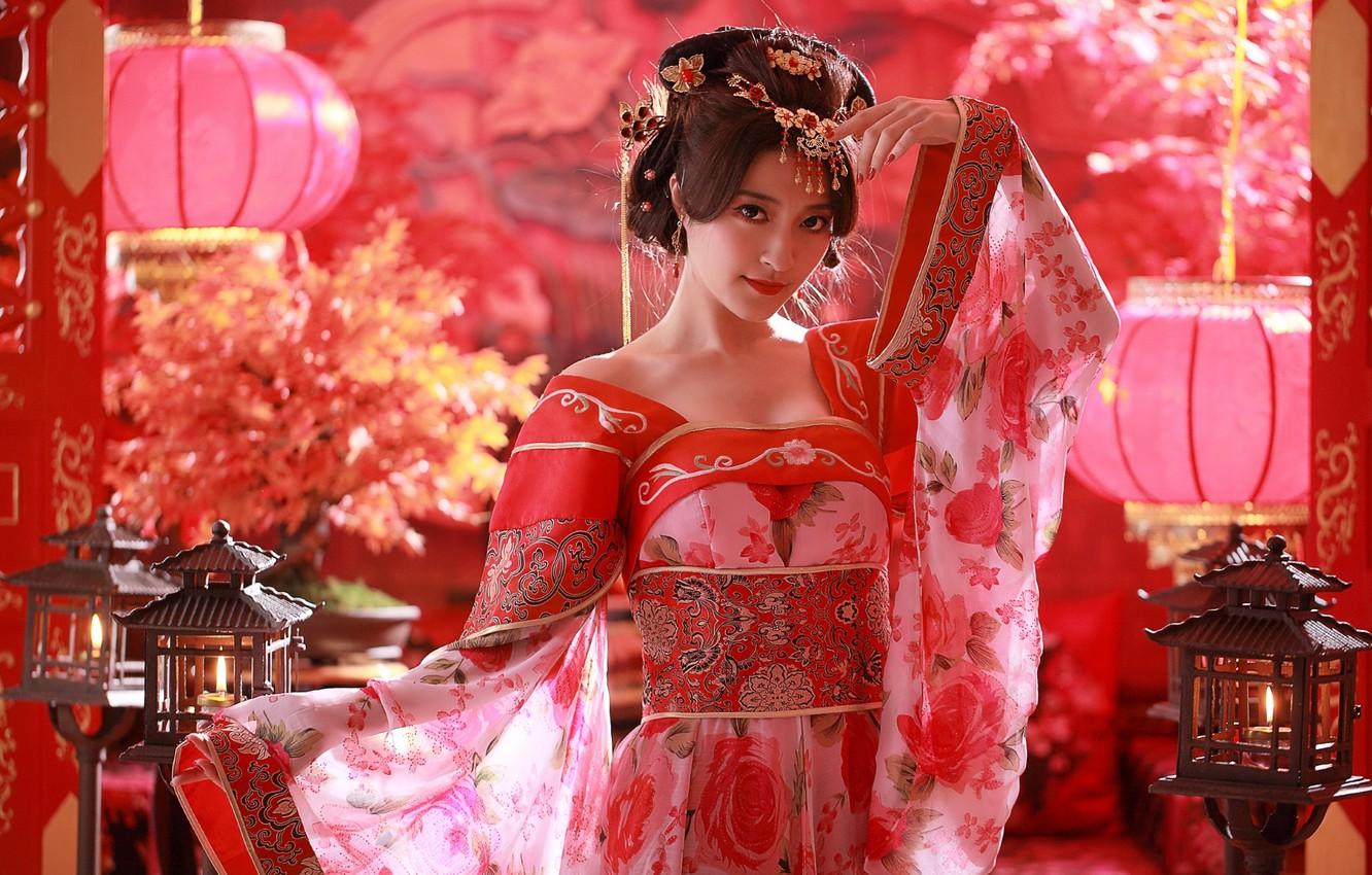 1332x850 Wallpaper girl, decoration, hairstyle, costume, Asian, lanterns, Chinese, ethno image for desktop, section стиль