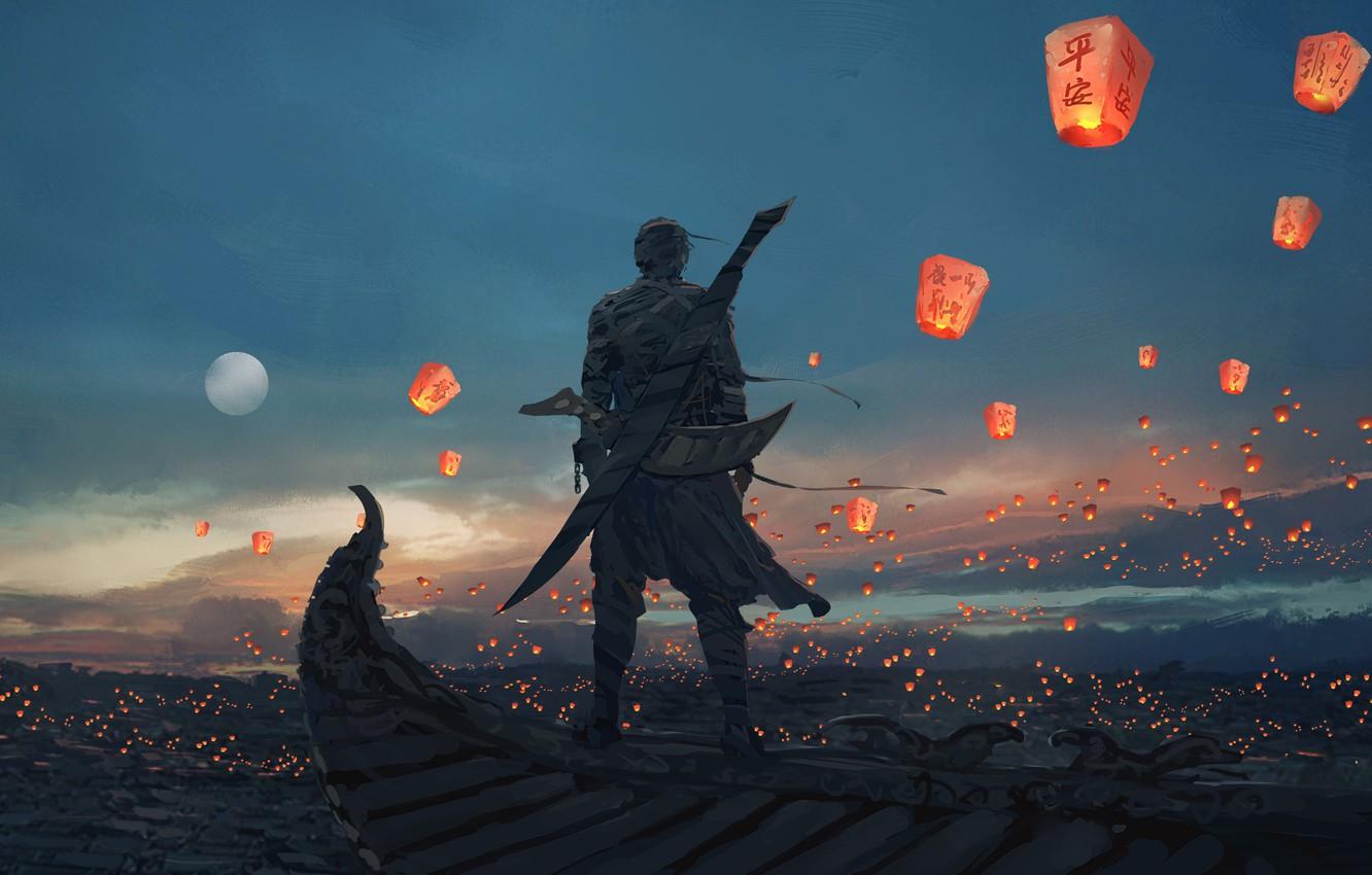 1332x850 Wallpaper The sky, Figure, The moon, Sword, Moon, Sky, Art, Male, Art, Man, Sword, Artist, Chinese lanterns, Artist, Chinese lanterns, WLOP image for desktop, section арт