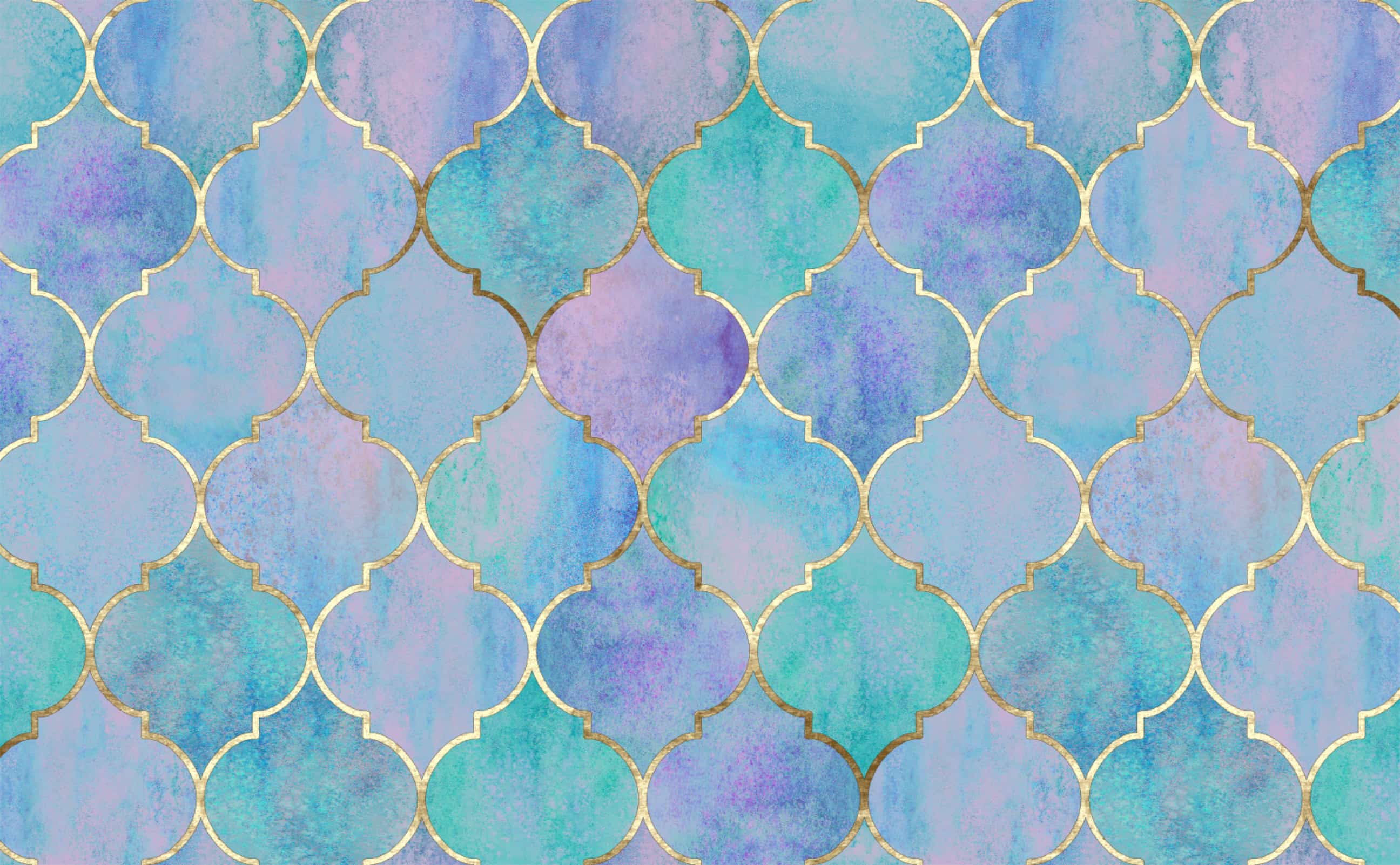 2592x1602 Purple Green and Blue Watercolor with Vintage Golden Moroccan Pattern Wallpaper for Walls