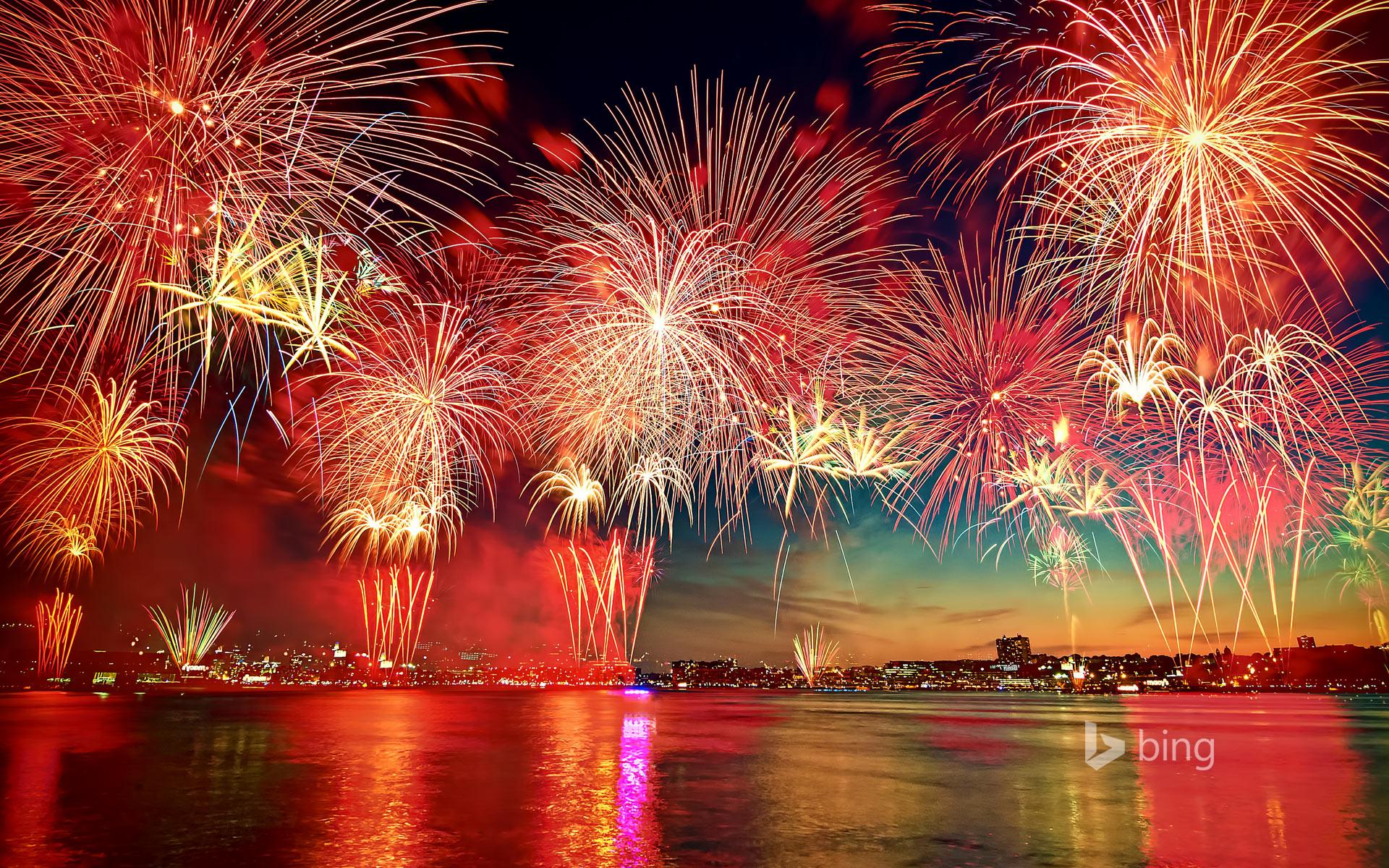 1920x1200 Fireworks display in New York City as seen over the Hudson River from Hoboken, New Jersey