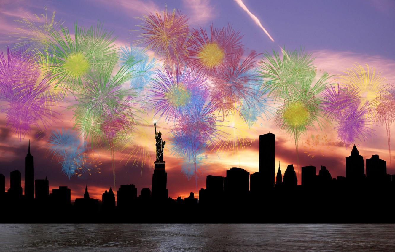 1332x850 Wallpaper the sky, clouds, the city, salute, silhouette, fireworks, the statue of liberty, new York image for desktop, section рендеринг