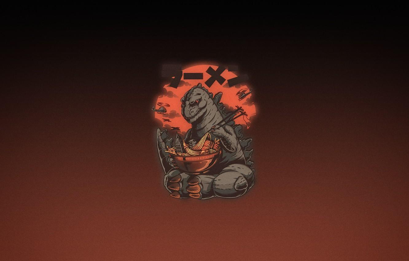 1332x850 Wallpaper Minimalism, Humor, Background, Art, Food, Noodles, Lunch, Godzila, Kaiju's Ramen, Ramen, by Ilustrata, Illustrated, Kaiju's image for desktop, section минимализм