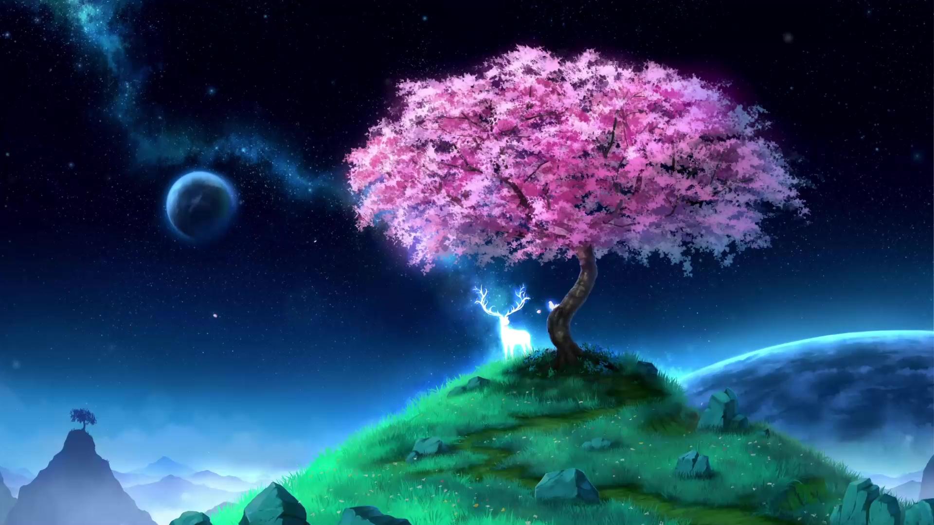 1920x1080 Cherry Blossom Tree With Deer Live Wallpaper