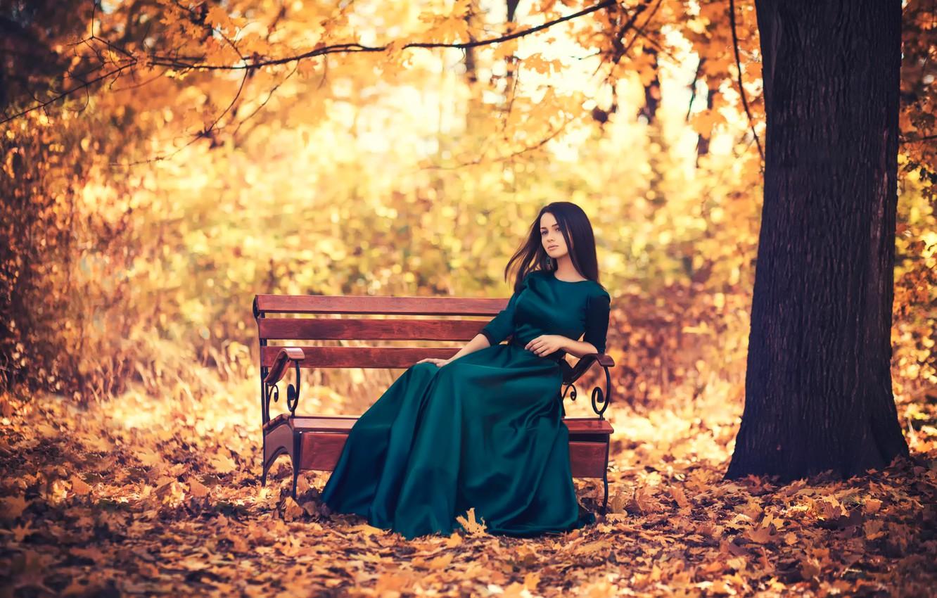 1332x850 Wallpaper autumn, garden, dress, bench, autumn garden image for desktop, section девушки