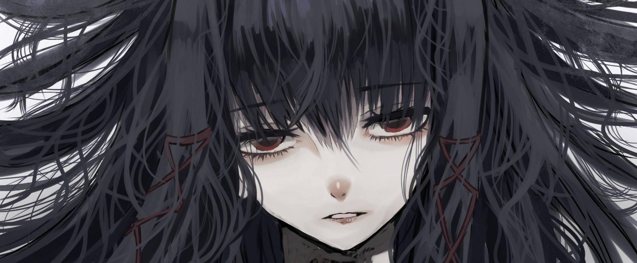 2174x900 Download 2174x900 Anime Girl, Gothic, Close Up, Depressed, Black Hair Wallpaper