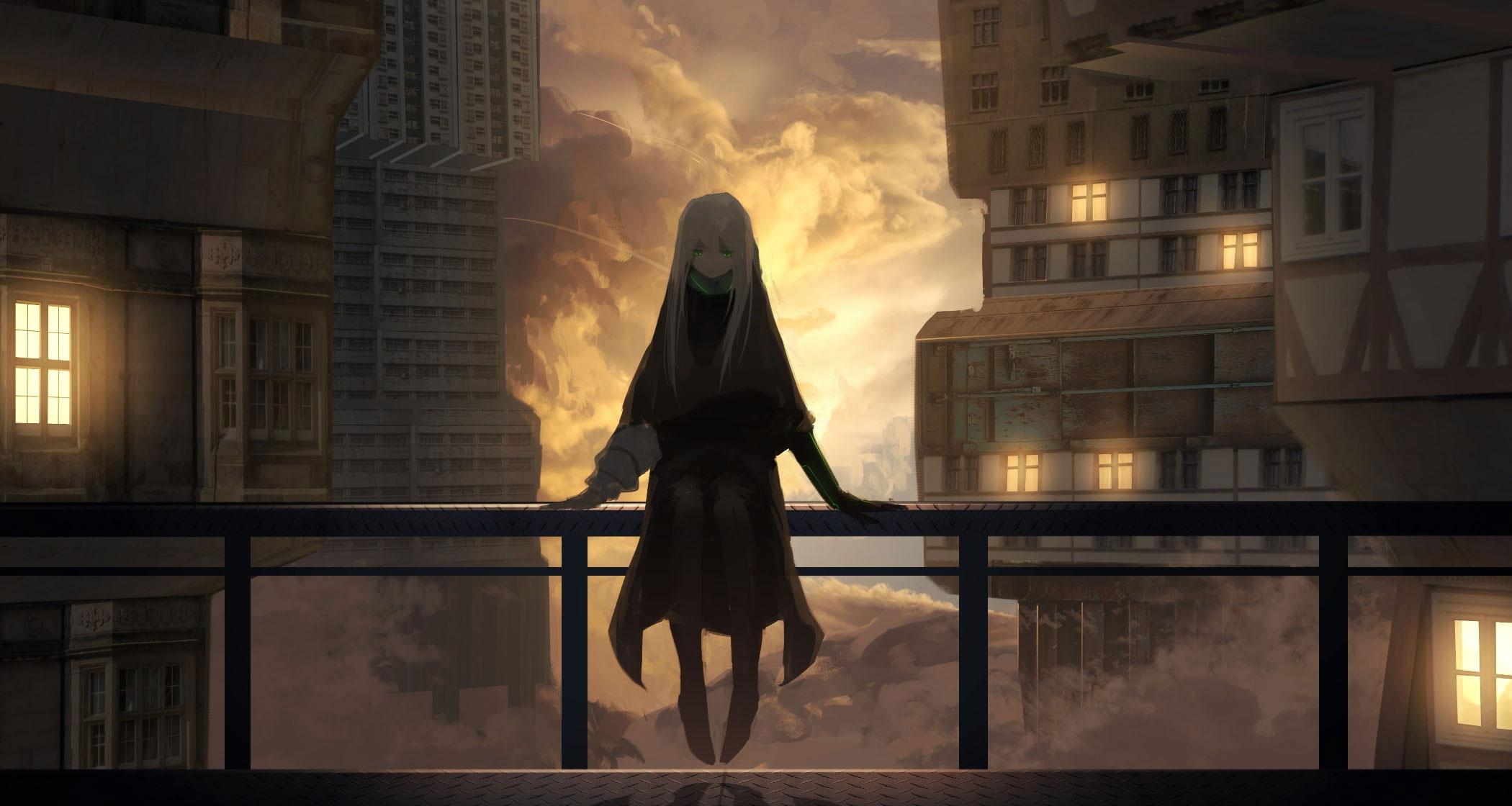 2100x1120 Wallpaper Anime Girl, Buildings, Clouds, Depressed Express • Wallpaper For You HD Wallpaper For Desktop & Mobile
