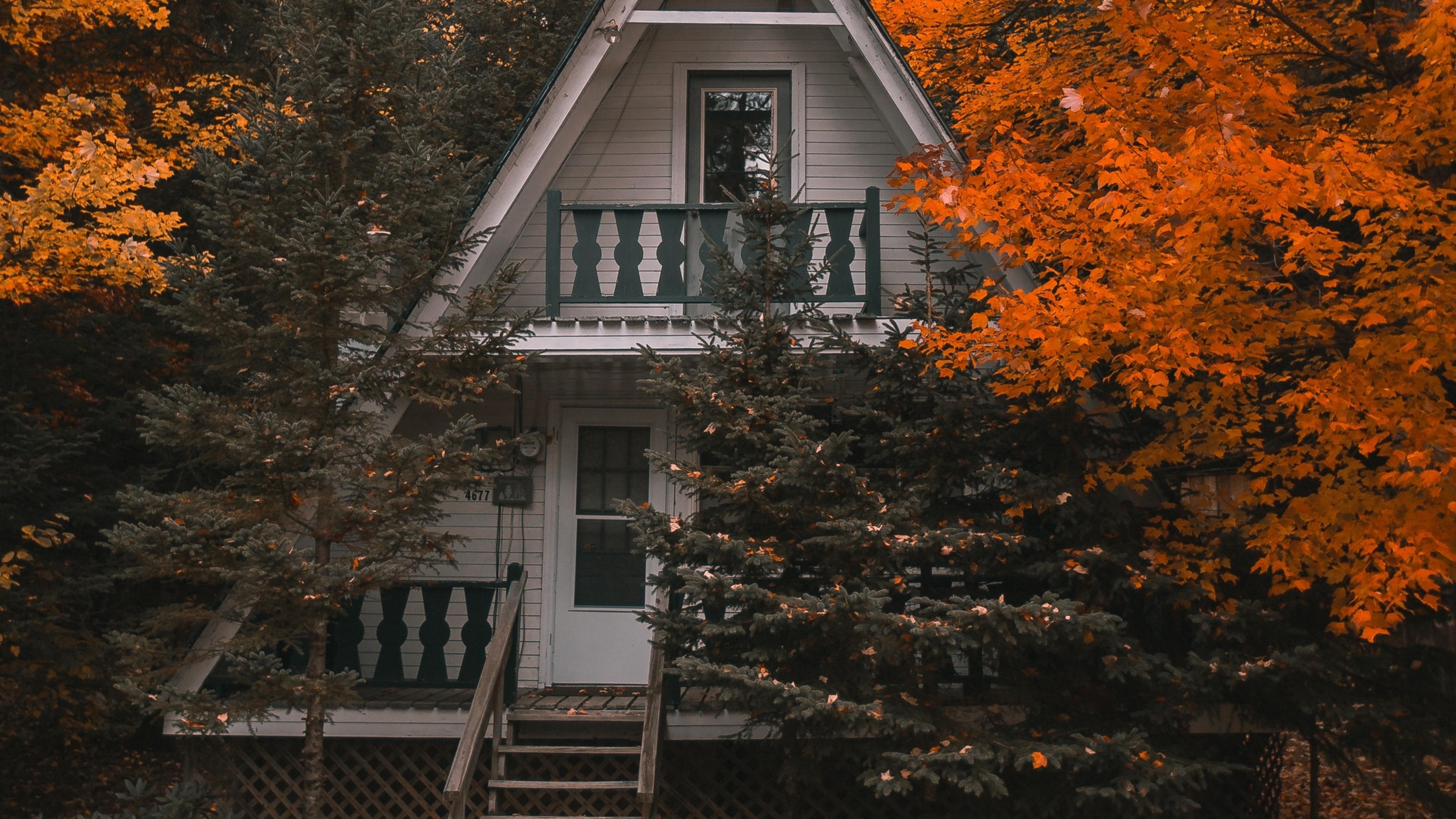 3840x2160 Autumn at the forest house HD Wallpaper 4K Ultra HD