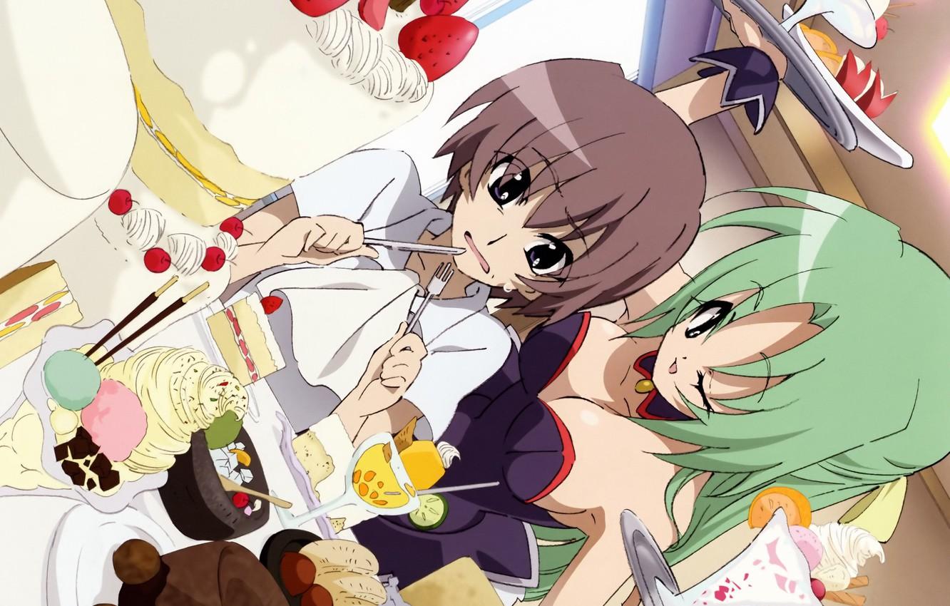1332x850 Wallpaper cocktail, sweets, corset, guy, scary, Higurashi no Naku Koro ni, green hair, wink, When the cicadas cry, Keiichi Fall Maebara, Shion Sonozaki, at the table, chocolate pie, wilkolaski, strawberry cake, by