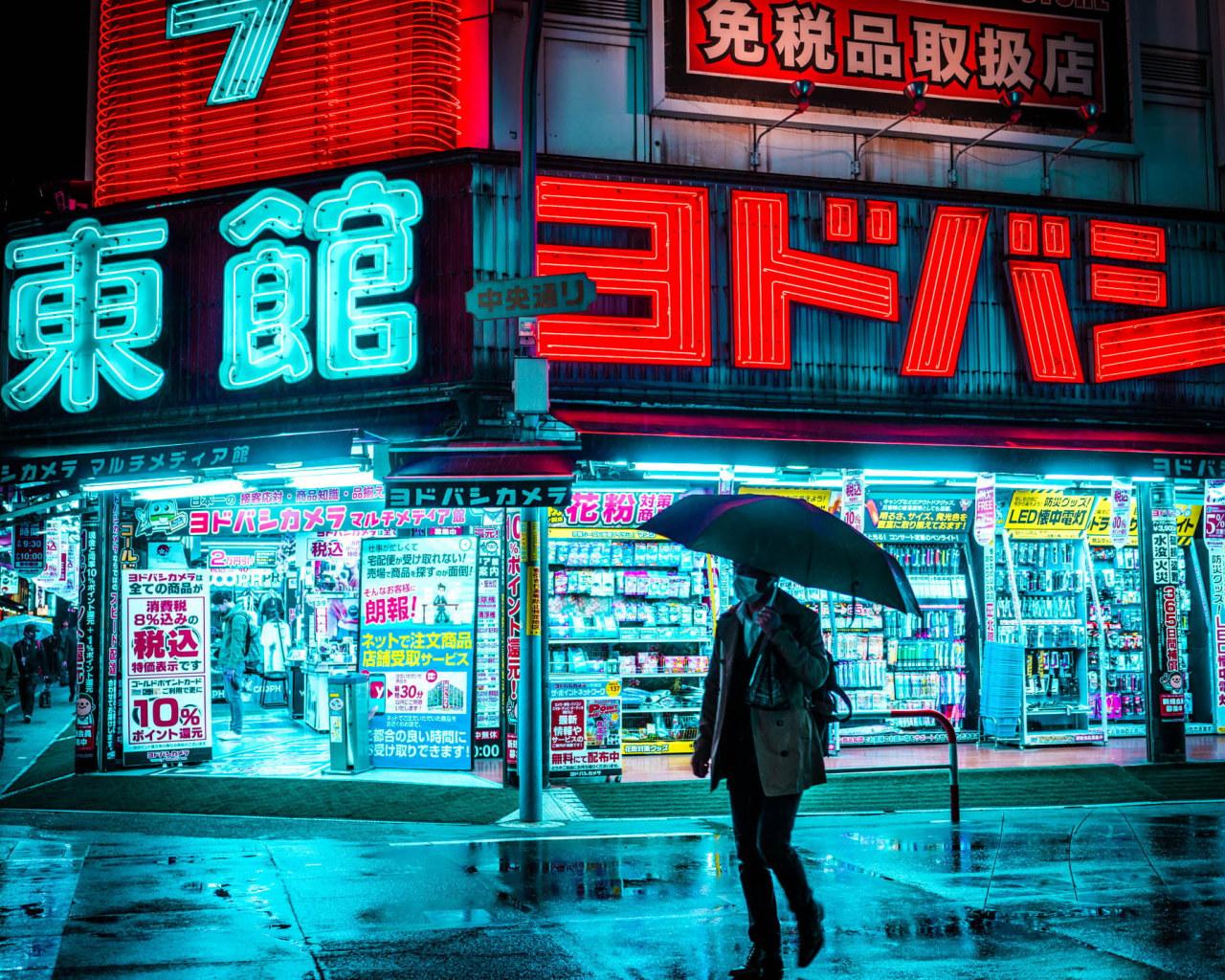 1280x1024 Man holding umbrella walking on the street near store during nighttime wallpaper • Wallpaper For You HD Wallpaper For Desktop & Mobile
