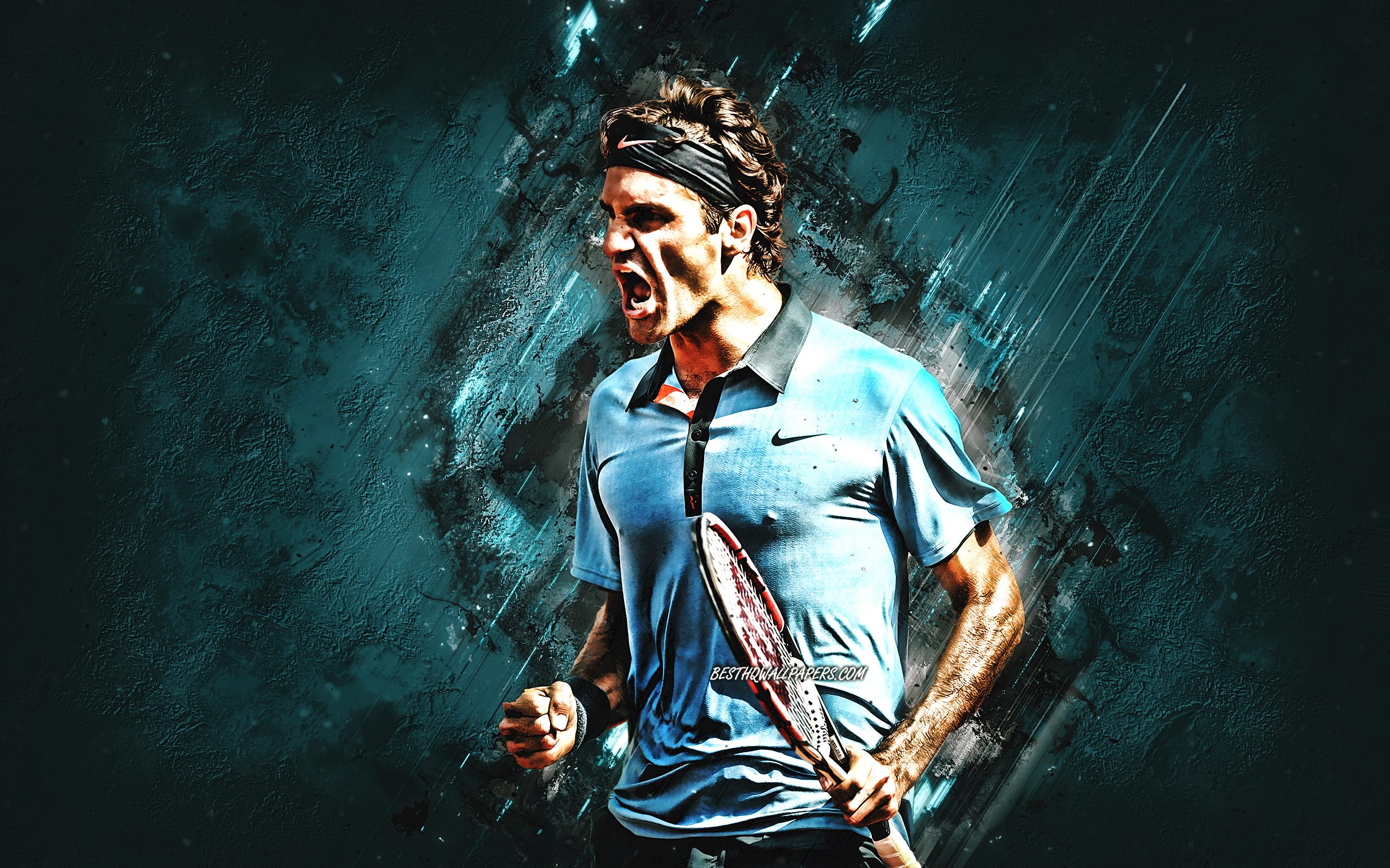 2880x1800 Download wallpaper Roger Federer, Swiss tennis player, ATP, Association of Tennis Professionals, portrait, blue stone background, tennis for desktop with resolution 2880x1800. High Quality HD picture wallpaper
