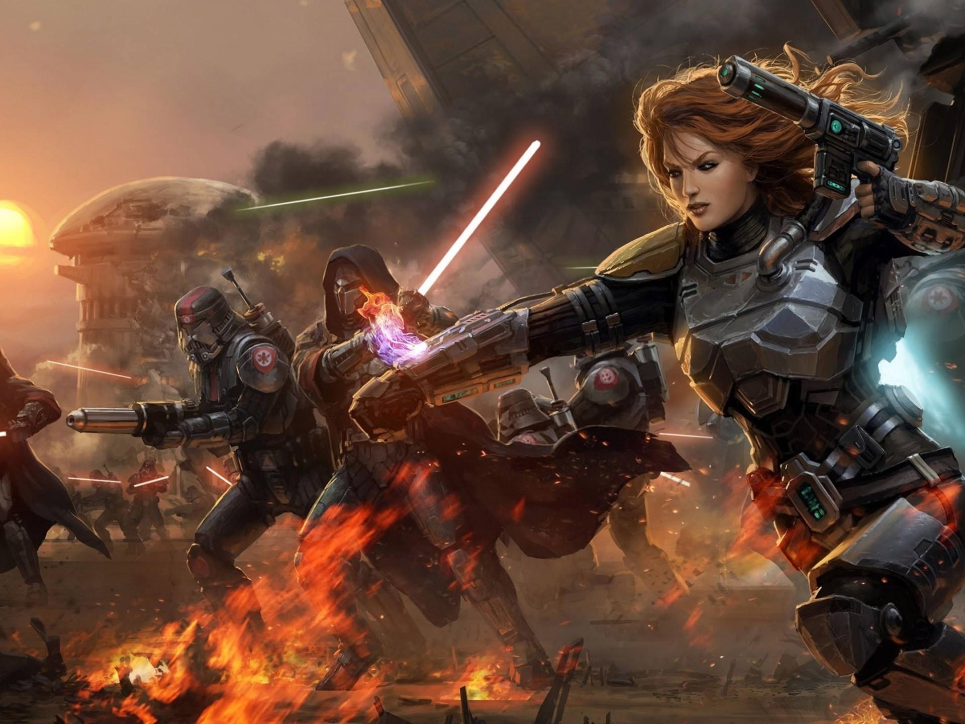 1920x1440 Star Wars The Old Republic Girl Warrior Lightsabers Battle Smoke Wallpaper HD :