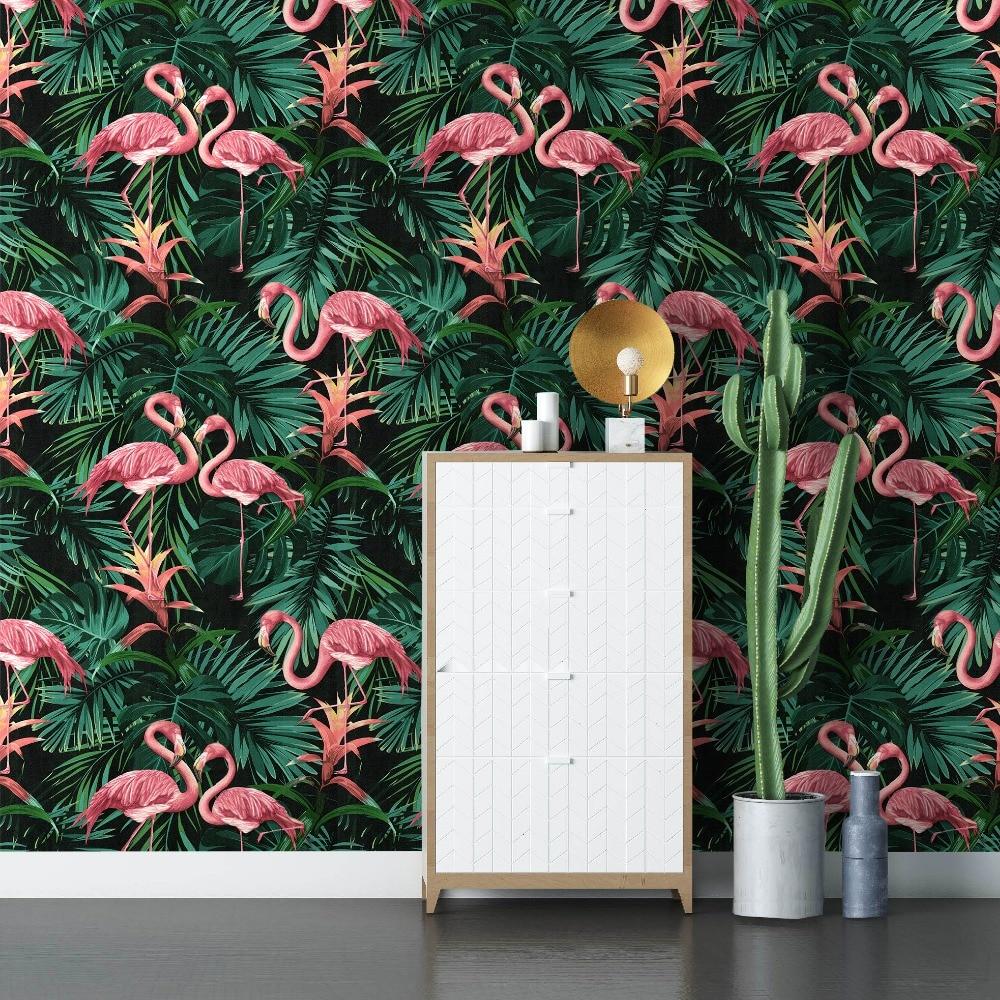 1000x1000 HaokHome Vintage Flamingo Wallpaper 0.53m*10m Leaf Contact Paper Green Black Pink Living Room Bedroom Home Bathroom Decor. Wallpaper
