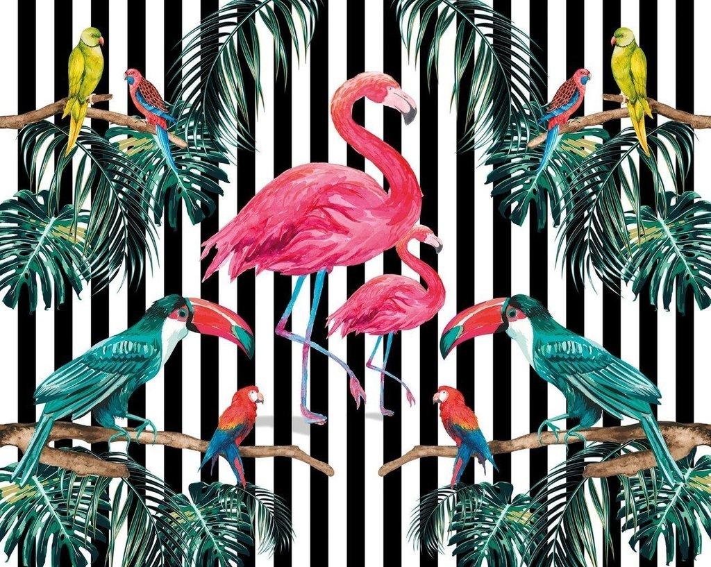 1024x817 Flamingo Mural with Exotic Birds on Black and White Stripe