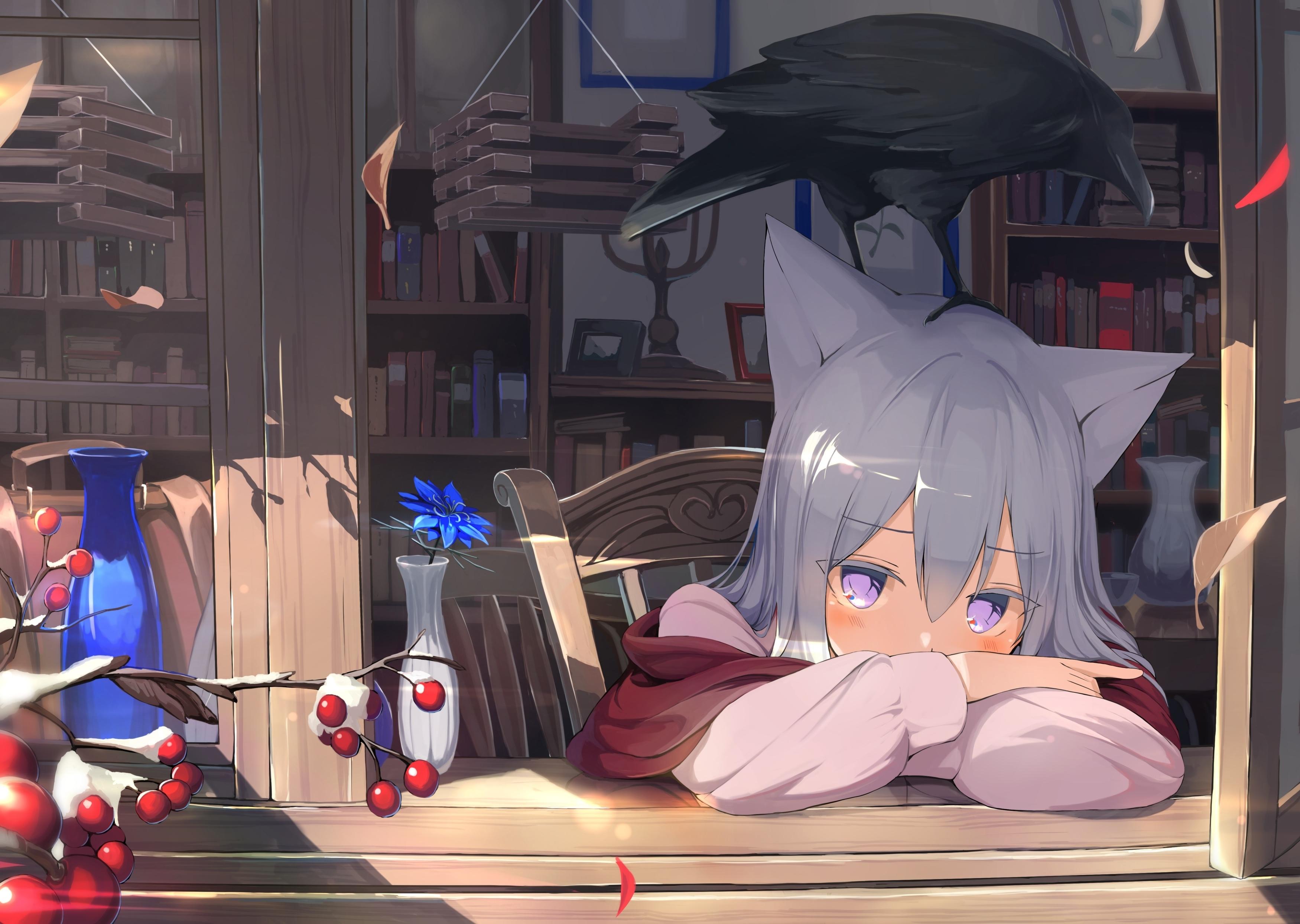 3500x2488 Wallpaper Cozy Room, Anime Girl, White Hair, Resting, Animal Ears, Books, Library:3500x2488